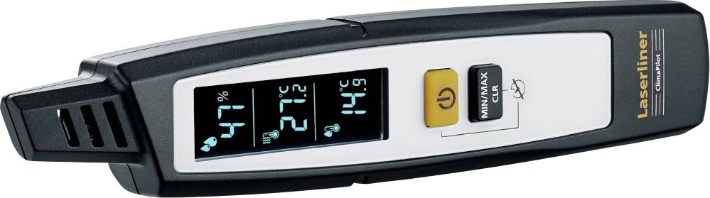 Digitales Laser-Thermometer-Gewehr mit Temperaturanzeige auf einem hinterbeleuchteten Display, mit Ein-/Ausschalter und Einheitenschalter am Griff.