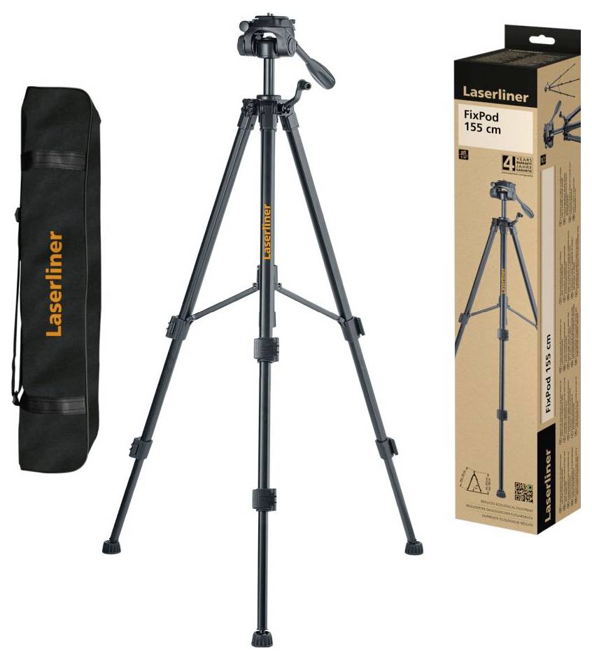 Laserliner FixPod 155 cm Stativ mit Tragetasche und Produktkarton.