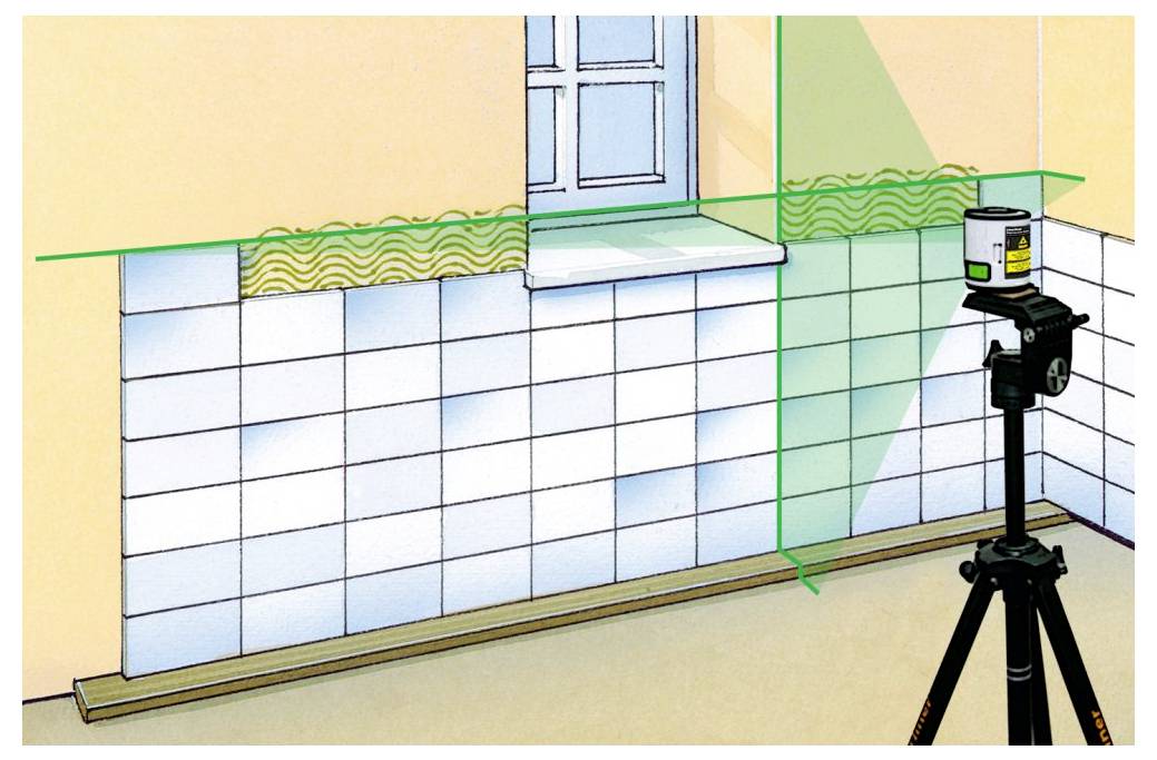 Illustration eines Laserniveaus auf einem Stativ, das grüne Ausrichtungslinien über eine gekachelte Wand und einen Fensterbereich projiziert, um ebene Fliesen zu verlegen.
