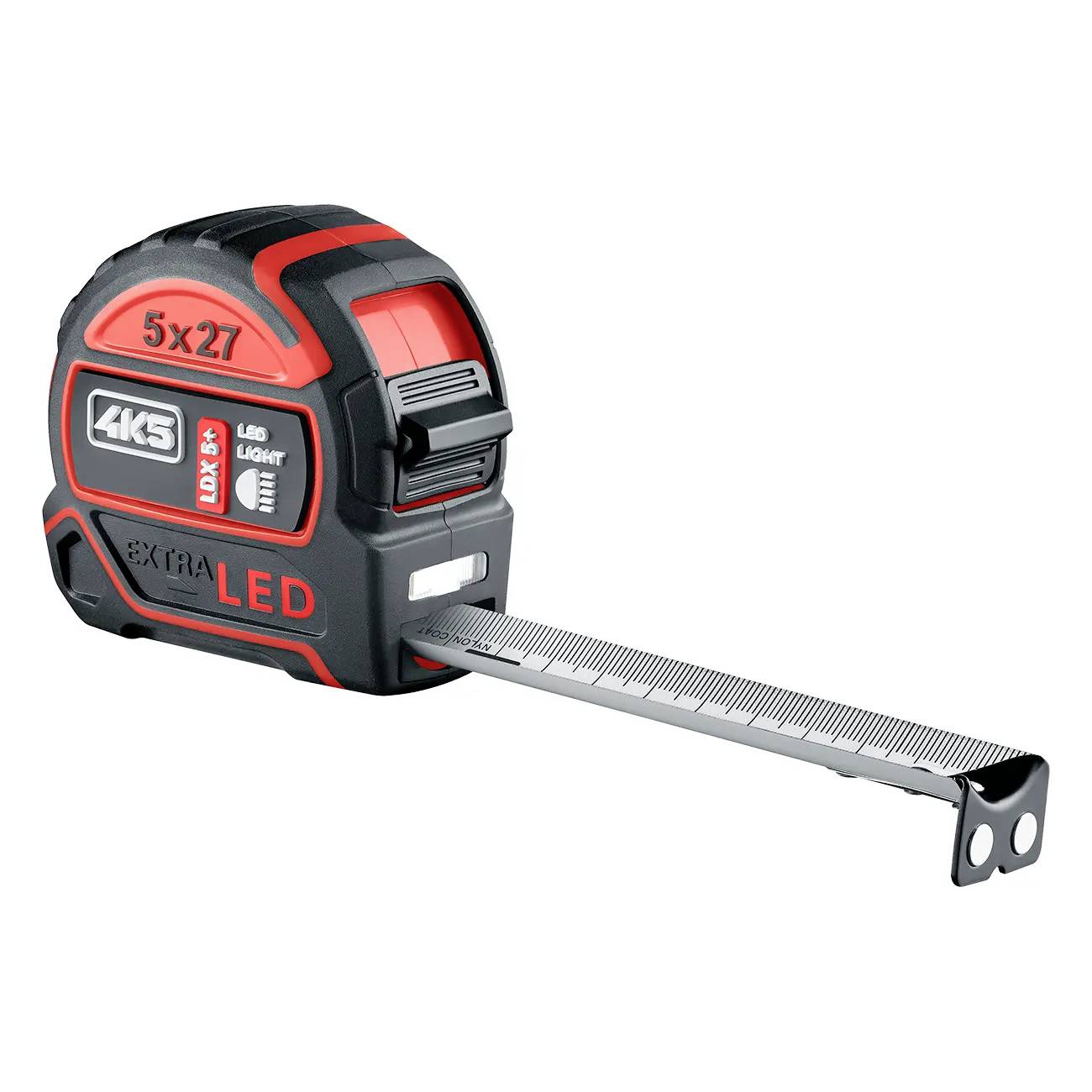 Black-and-red 5x27 retractable tape measure with metric markings and a hooked metal blade extended on a white background.