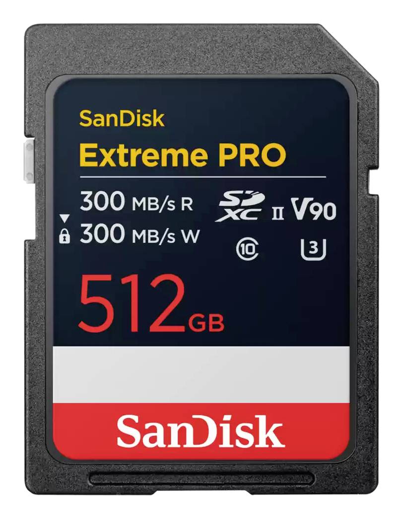SanDisk Extreme PRO 512GB SDXC Speicherkarte mit 300 MB/s Lese- und Schreibgeschwindigkeiten und V90/U3 Bewertung.