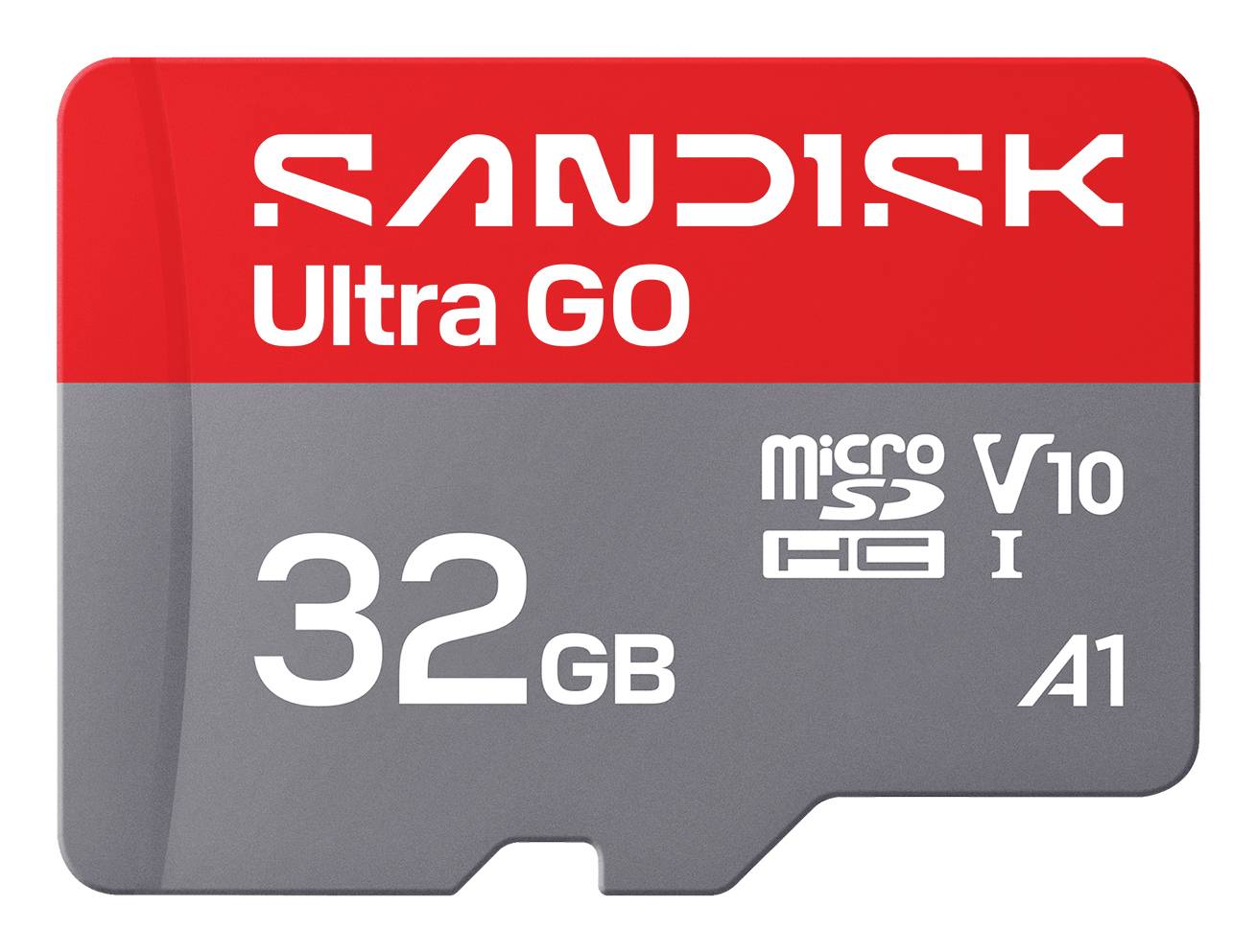 SanDisk Ultra Go 32GB microSD-Karte mit UHS-I, V10, A1 Geschwindigkeitsklasse-Kennzeichnungen auf einer rot-grauen Karte.