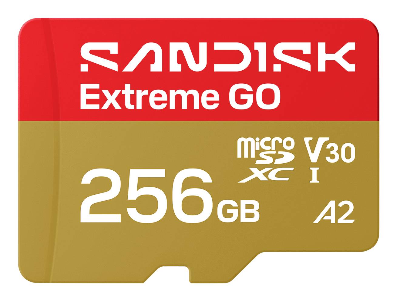 SanDisk Extreme GO 256GB microSD-Karte mit V30- und A2-Geschwindigkeitsbewertungen.
