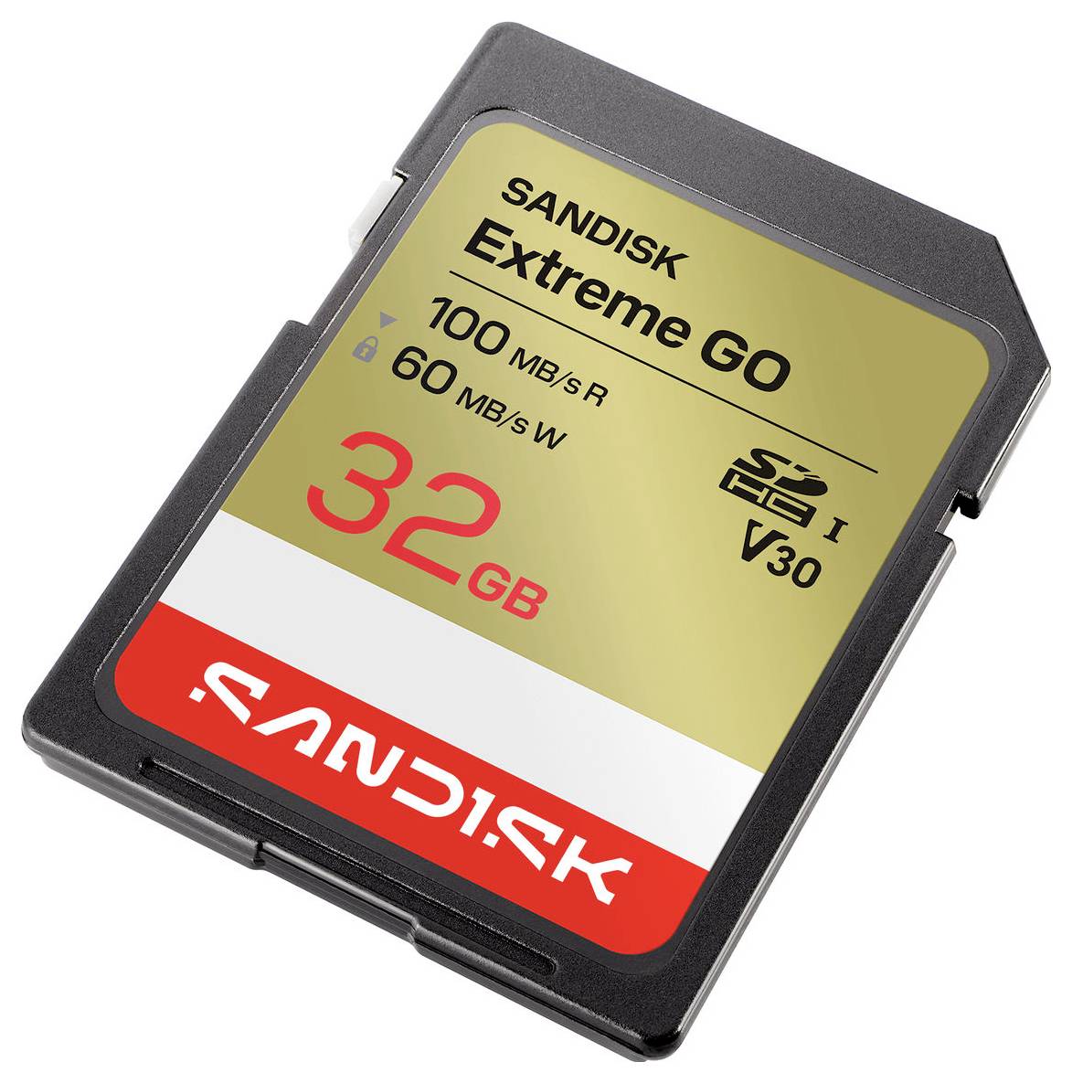 SanDisk Extreme Go 32 GB SD-Speicherkarte, gekennzeichnet mit 100 MB/s Lesevorgänge und 60 MB/s Schreibvorgänge mit UHS-I V30 Bewertung.