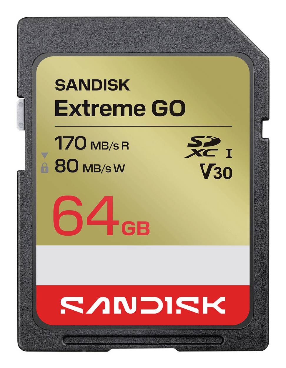 SanDisk Extreme GO 64GB SD-Karte mit 170 MB/s Lesegeschwindigkeit, 80 MB/s Schreibgeschwindigkeit und V30/U3 Geschwindigkeitsbewertungen.