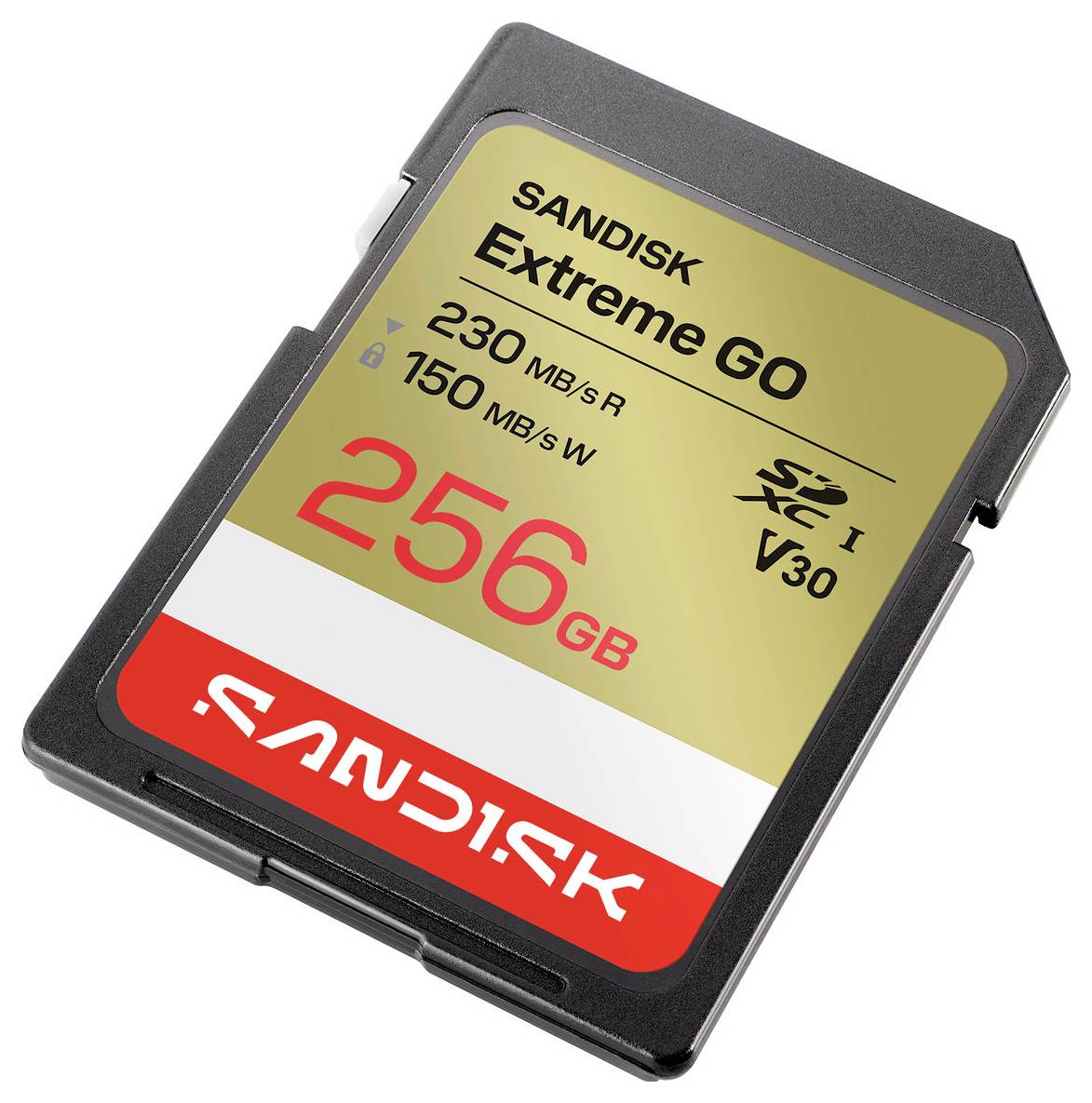 SanDisk Extreme GO 256GB SD-Speicherkarte mit Lesegeschwindigkeits- und Schreibgeschwindigkeitsbewertungen von 230 MB/s bzw. 150 MB/s.
