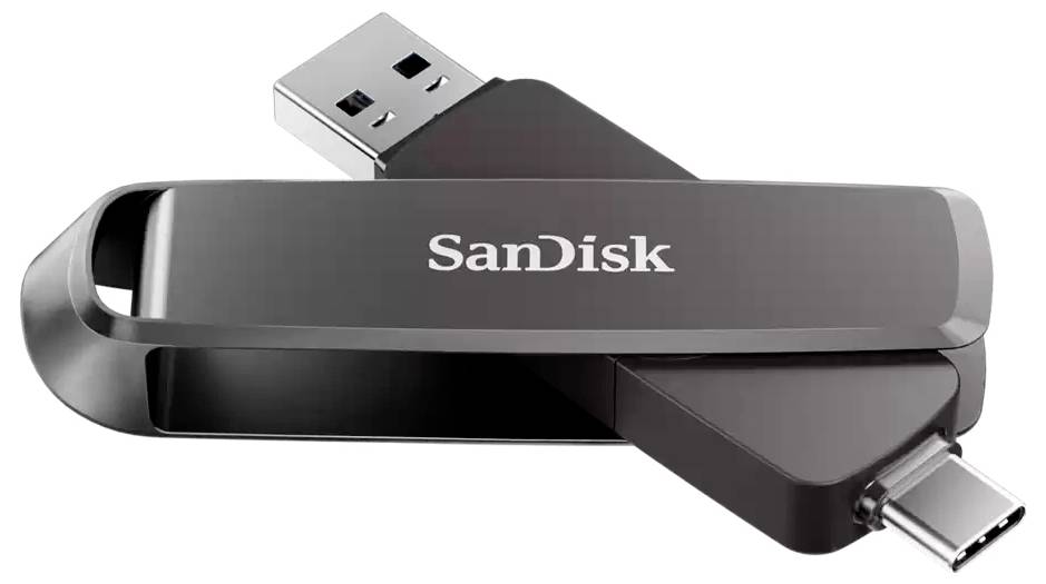 SanDisk USB-Speicherstick mit USB-A- und USB-C-Anschlüssen, dargestellt in einem faltbaren Dual-Connector-Design.