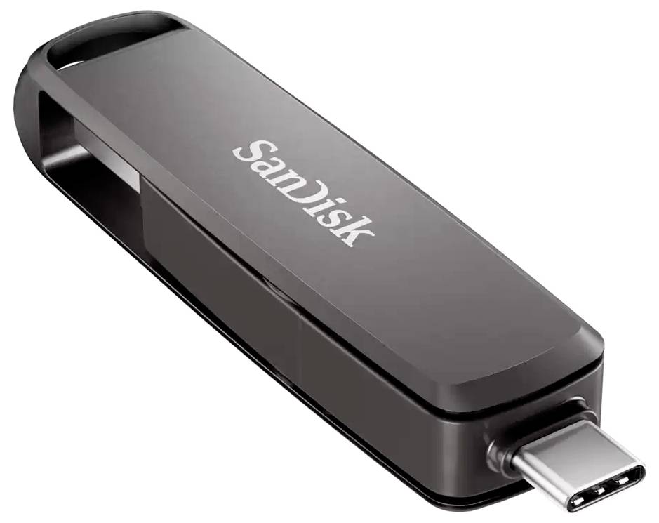 SanDisk USB-C-Speicherstift auf weißem Hintergrund, mit dem Anschluss, der aus dem Ende herausragt.