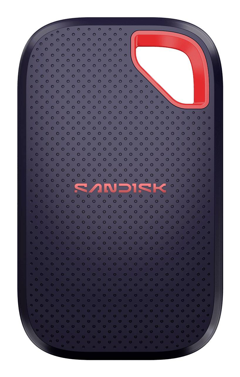 Tragbares externes SanDisk-Laufwerk in Schwarz mit roten Eckenakzenten und zentriertem Logo auf der Vorderseite.