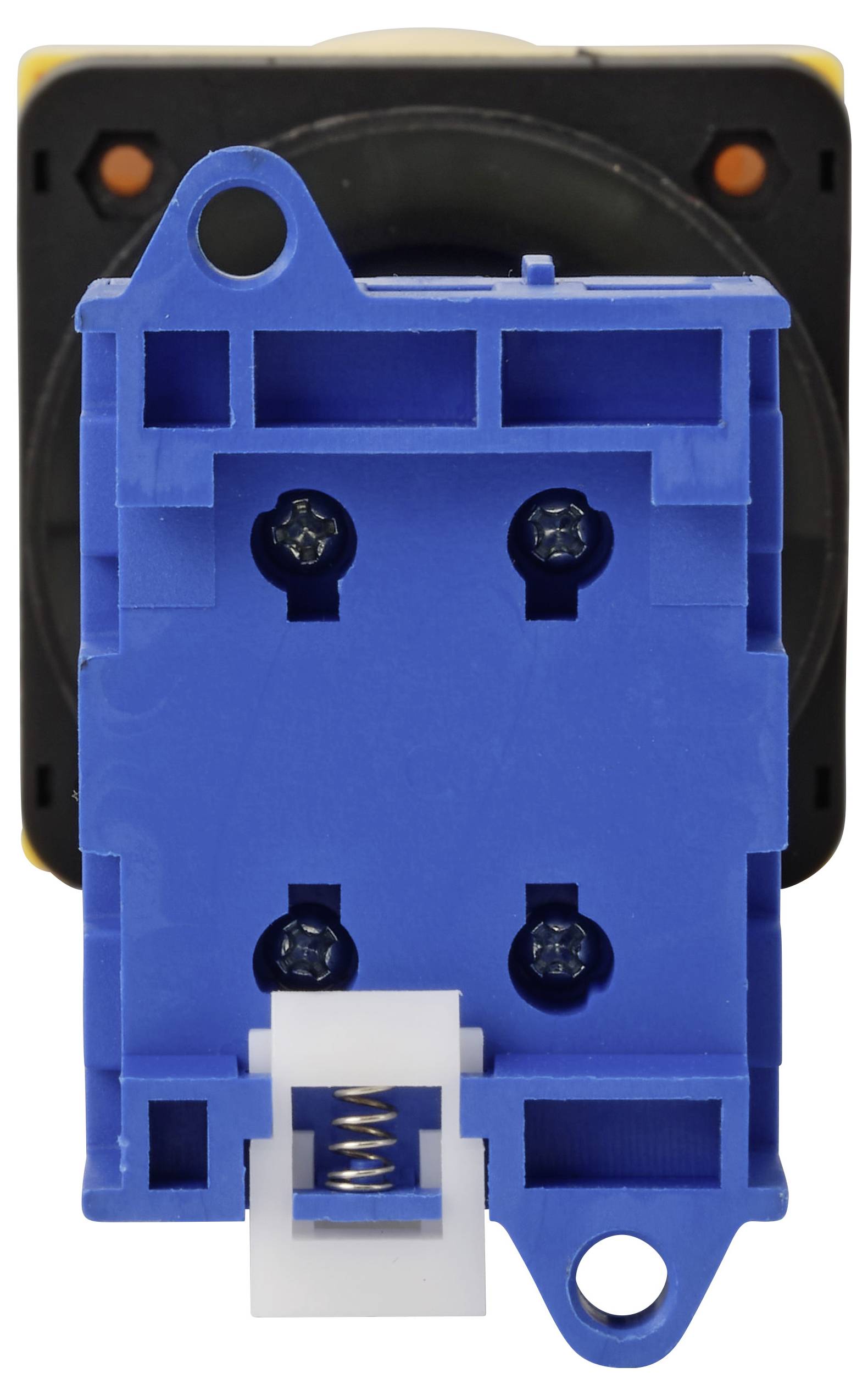 Nahaufnahme eines blauen elektrischen Schalters oder Relaiskomponente, die auf einer schwarzen Basis montiert ist, zeigt Schrauben und Öffnungen für Anschlüsse.