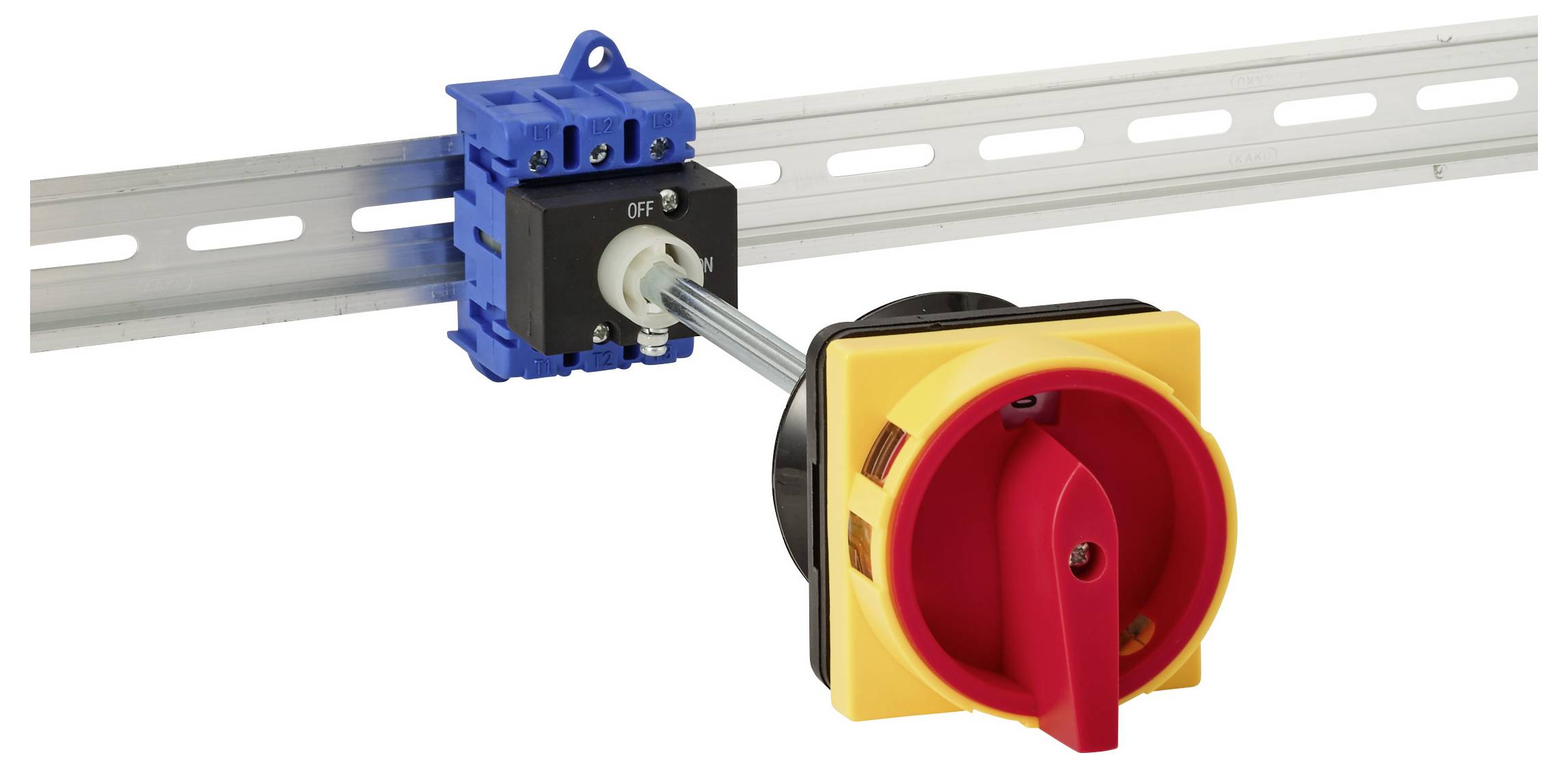 Industrieller elektrischer Drehtrennschalter auf DIN-Schiene montiert, mit rot/gelbem Sicherheitsgriff und blauem Schaltgehäuse.