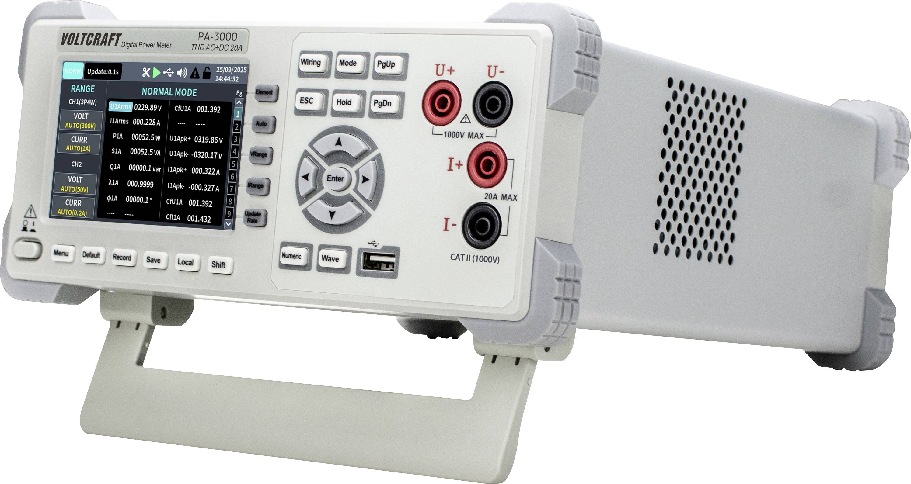 Vorderansicht eines VOLTCRAFT PA 3000 Labornetzgeräts mit Display, Steuertasten, Drehregler und Ausgangsklemmen.