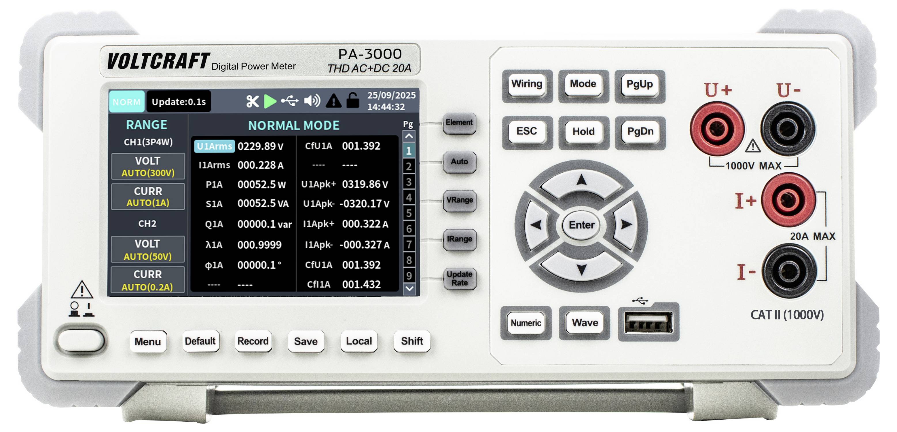 Frontplatte eines VOLTCRAFT PA-3000 digitalen Leistungsmessgeräts mit Display, Steuertasten, Navigationspad und Stromspannungs-Eingangsklemmen.
