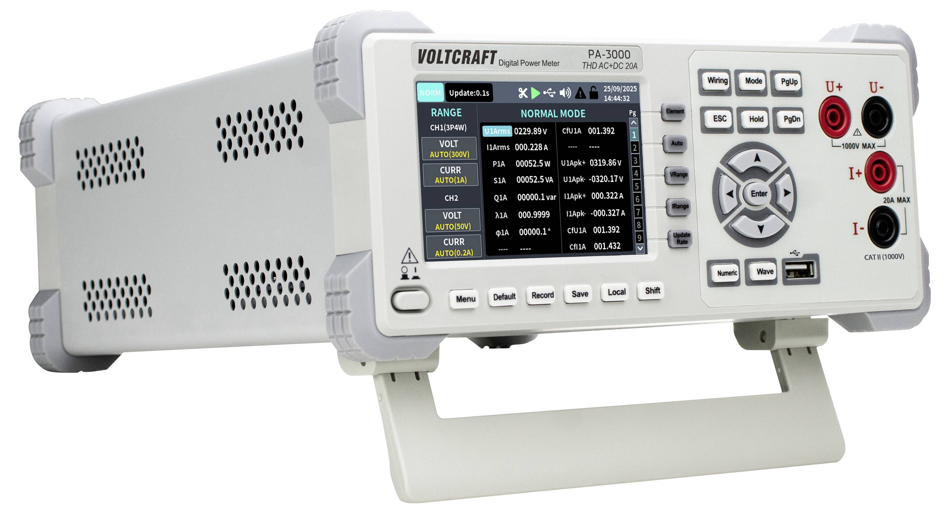 Frontansicht eines VOLTCRAFT PA-3000 Stromanalysators mit Display, Steuertasten und Eingangsklemmen auf einem Ständer.