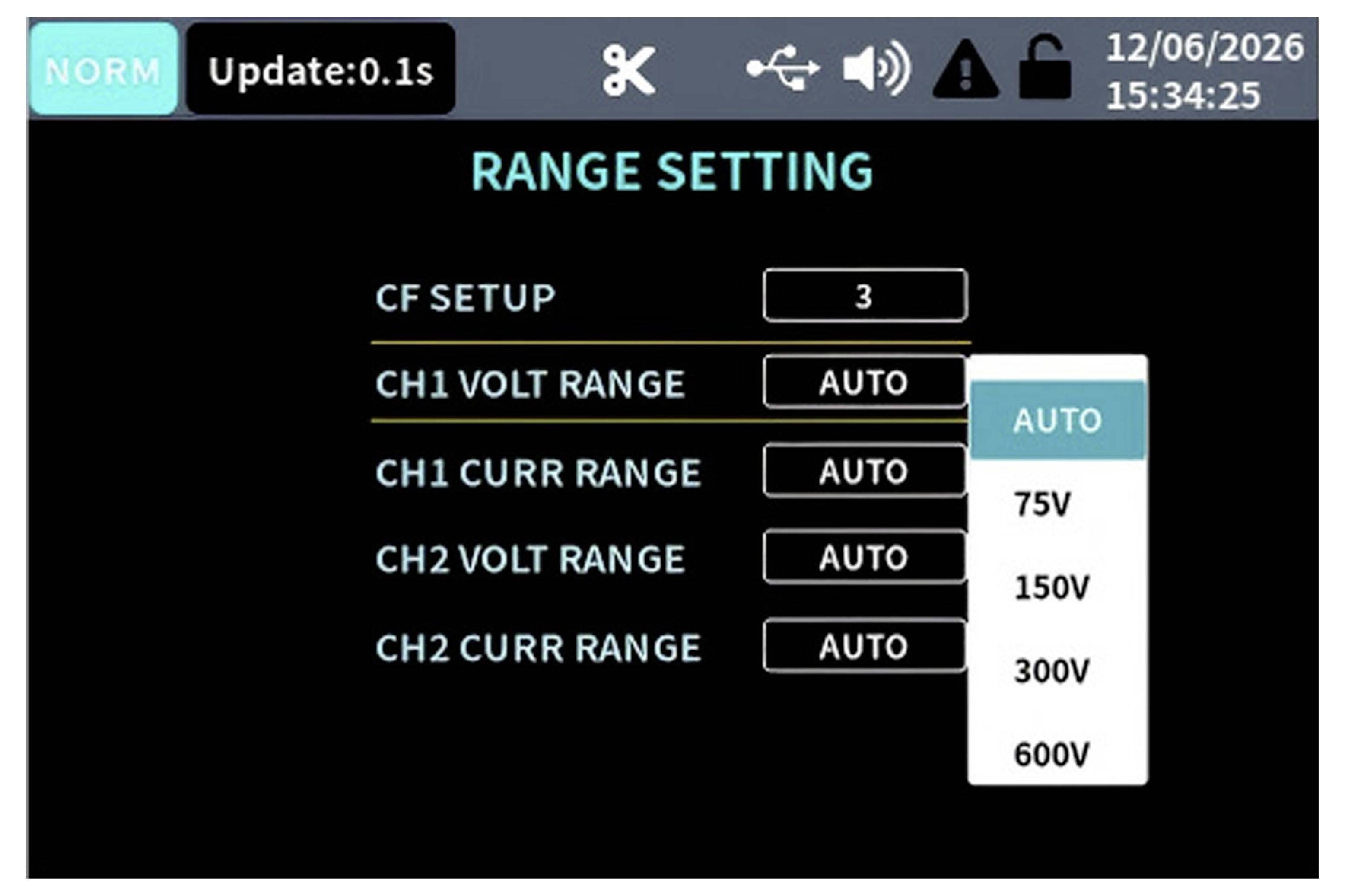 Bereichseinstellungsbildschirm mit CF-Einrichtung 3 und CH1/CH2-Spannungs- und Strombereichen auf AUTO eingestellt, mit einer geöffneten Dropdown-Liste mit den Optionen AUTO, 75V, 150V, 300V und 600V für CH1-Spannungsbereich.