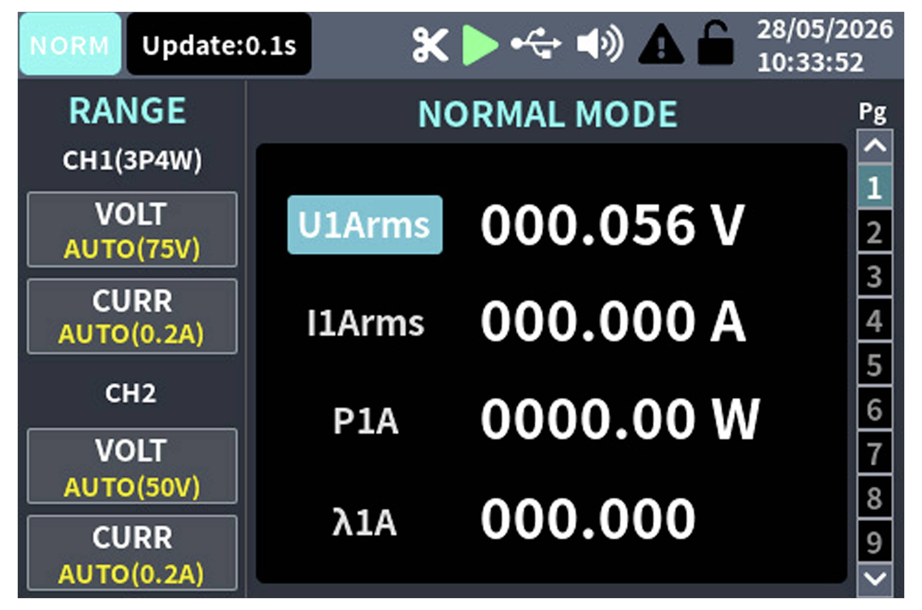 Digitale Stromversorgungsmessgerät-Anzeige im Normalmodus mit U1Arms 000.056 V, I1Arms 000.000 A, P1A 0000.00 W und λ1A 000.000, mit Kanalbereichen auf der linken Seite.