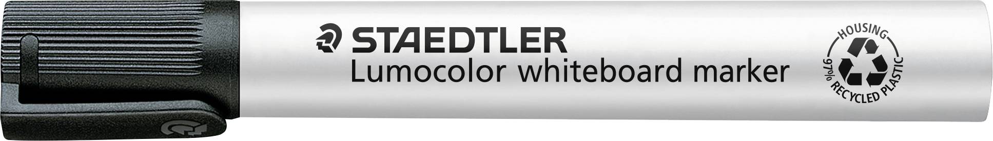 Staedtler Lumocolor Whiteboard-Marker mit schwarzem Deckel und Recycling-Gehäuse-Etikett.
