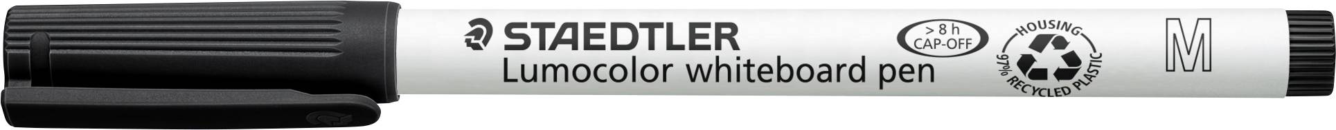 STAEDTLER Lumocolor Whiteboard-Stift, schwarzer Marker mit verschlossener Kappe, horizontal auf weißem Hintergrund dargestellt.