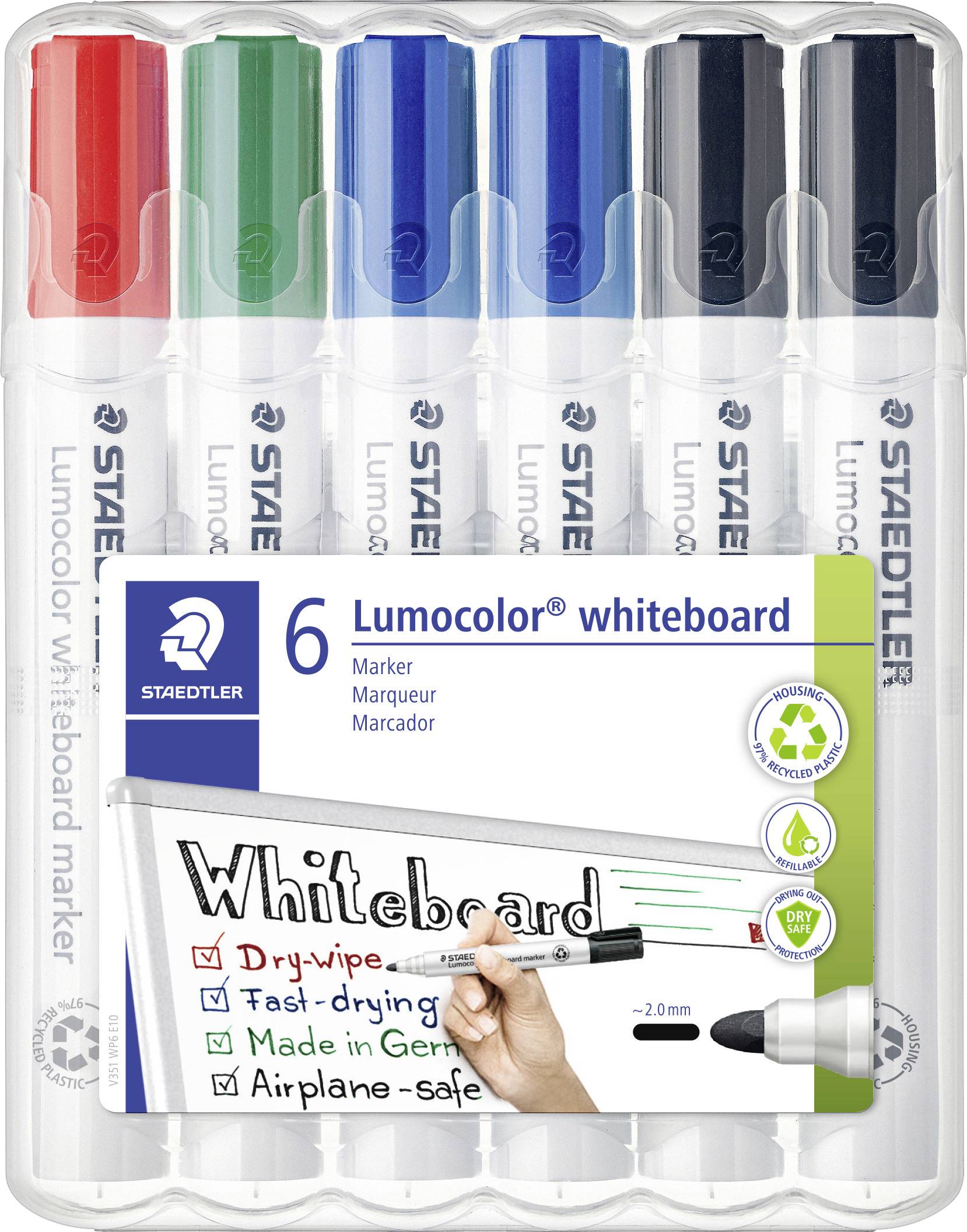 Packung mit sechs Staedtler Lumocolor Whiteboard-Markern in verschiedenen Farben mit transparantem Kunststoffetui und Etikett.