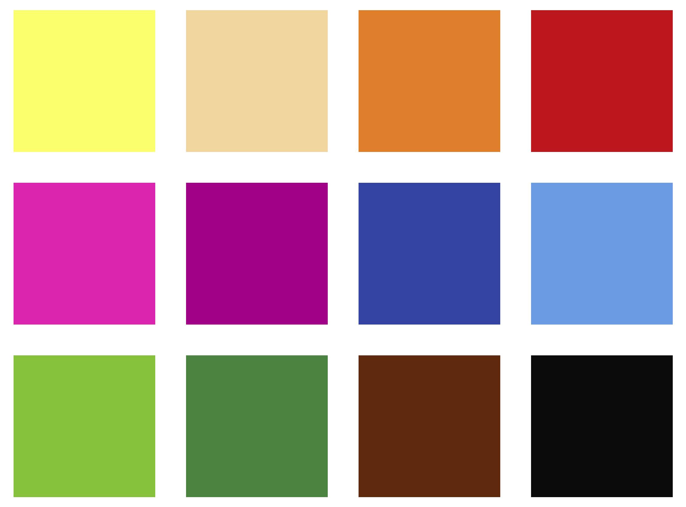 Ein 3x4-Gitter aus Farbfeldern in Vollfarben: Gelb, Pfirsich, Orange, Rot, Rosa, Lila, Dunkelblau, Hellblau, Grün, Petrol, Braun und Schwarz.