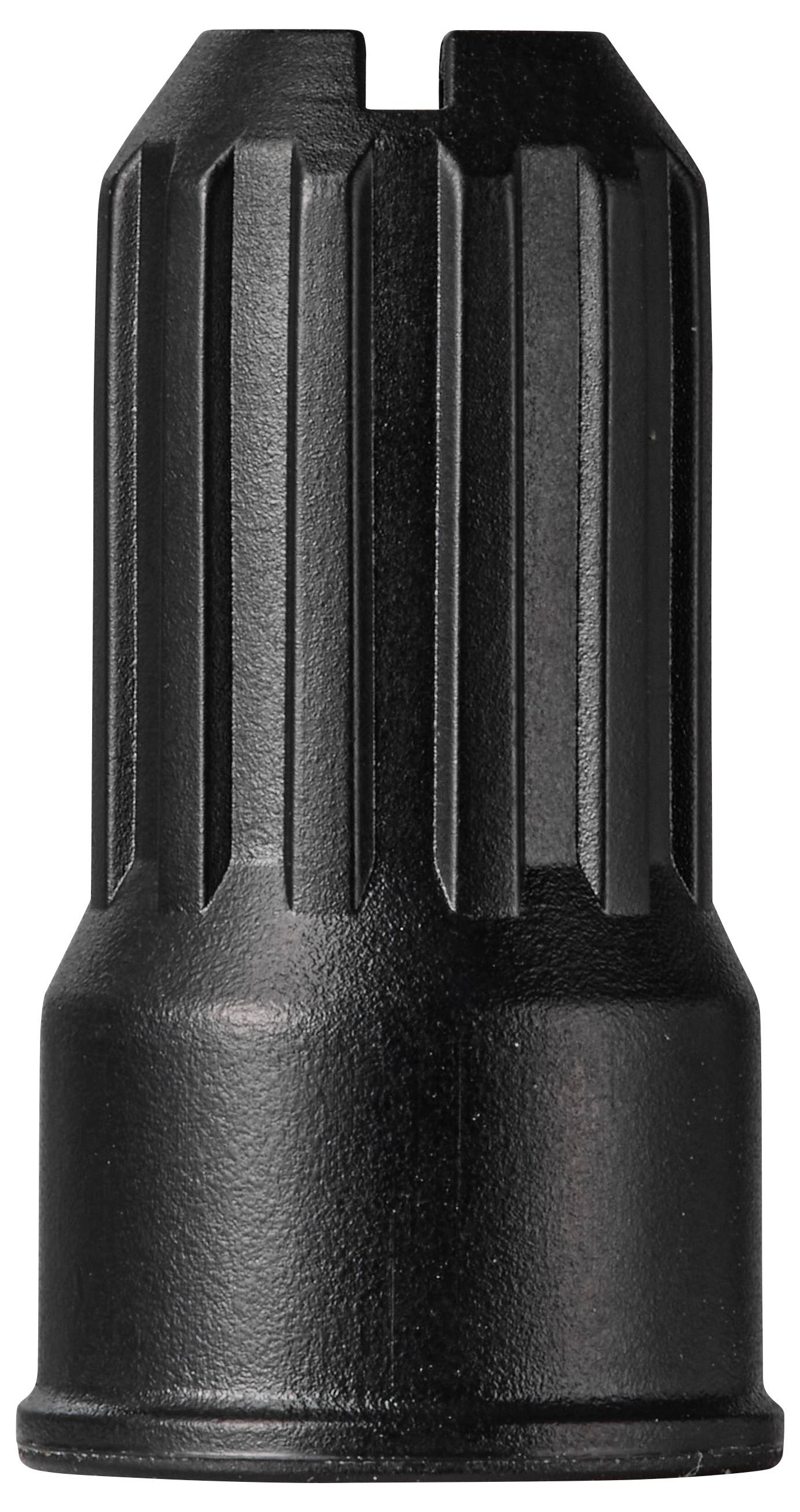 Schwarze Kunststoffkappe oder Drehknopf mit Rippen, zylindrisch mit breiter Basis und vertikalen Griffriefen