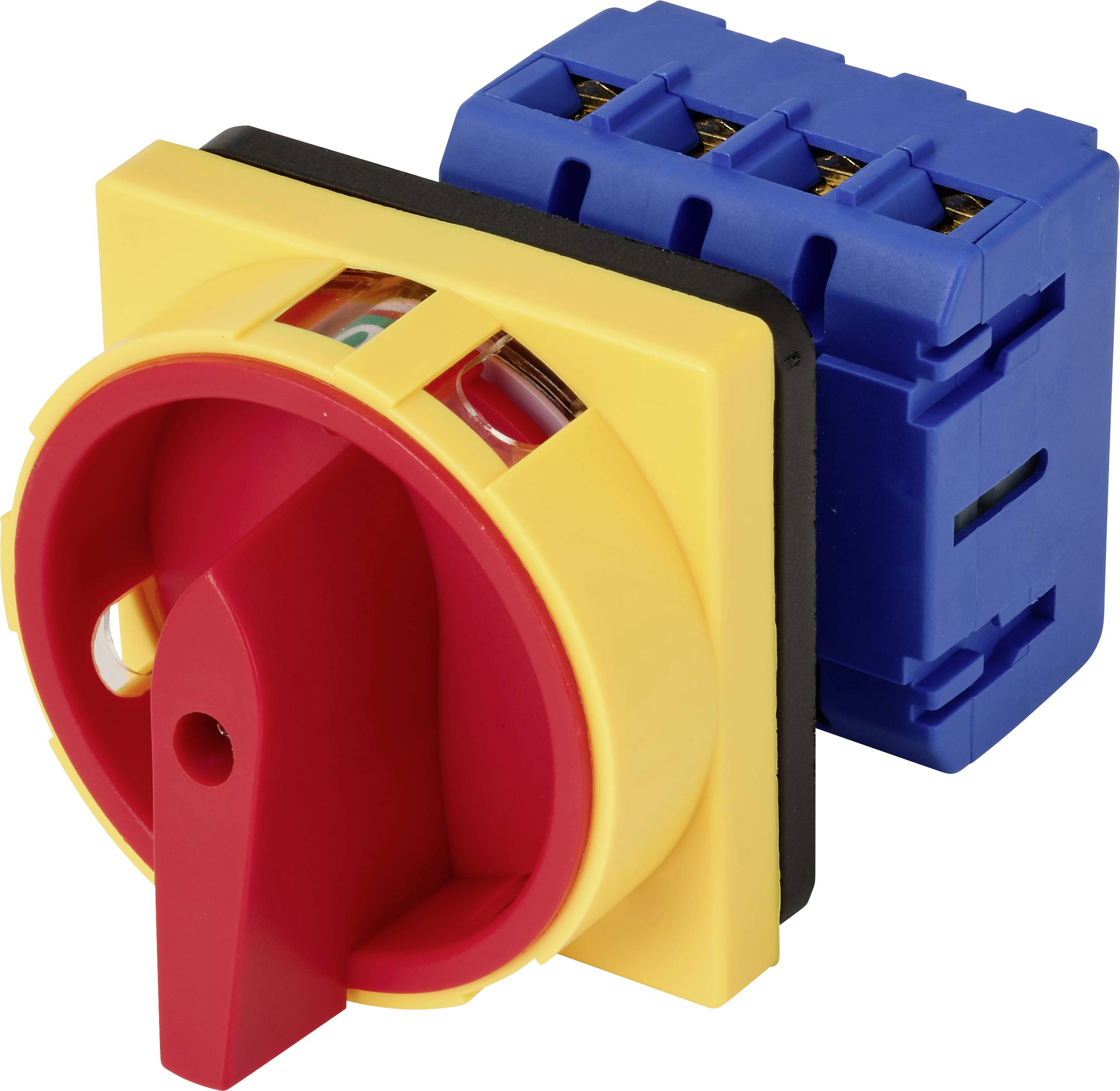 Roter Notausschalter mit Drehschalter, gelbem Bedienfeld und blauem Hintermodul auf weißem Hintergrund.