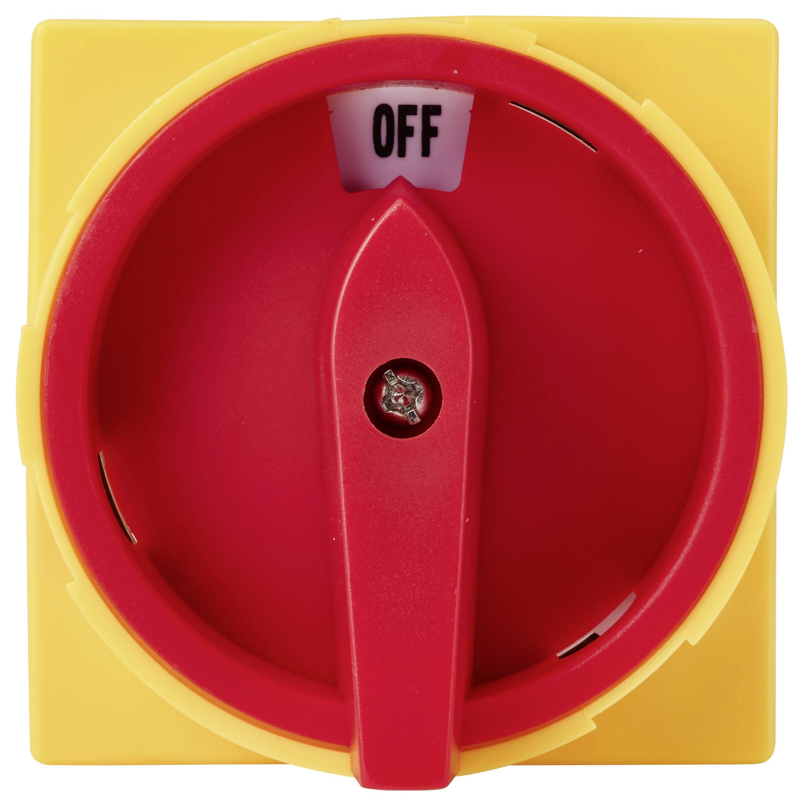 Roter Drehschalterknopf auf gelbem Sockel, auf 'AUS' eingestellt.