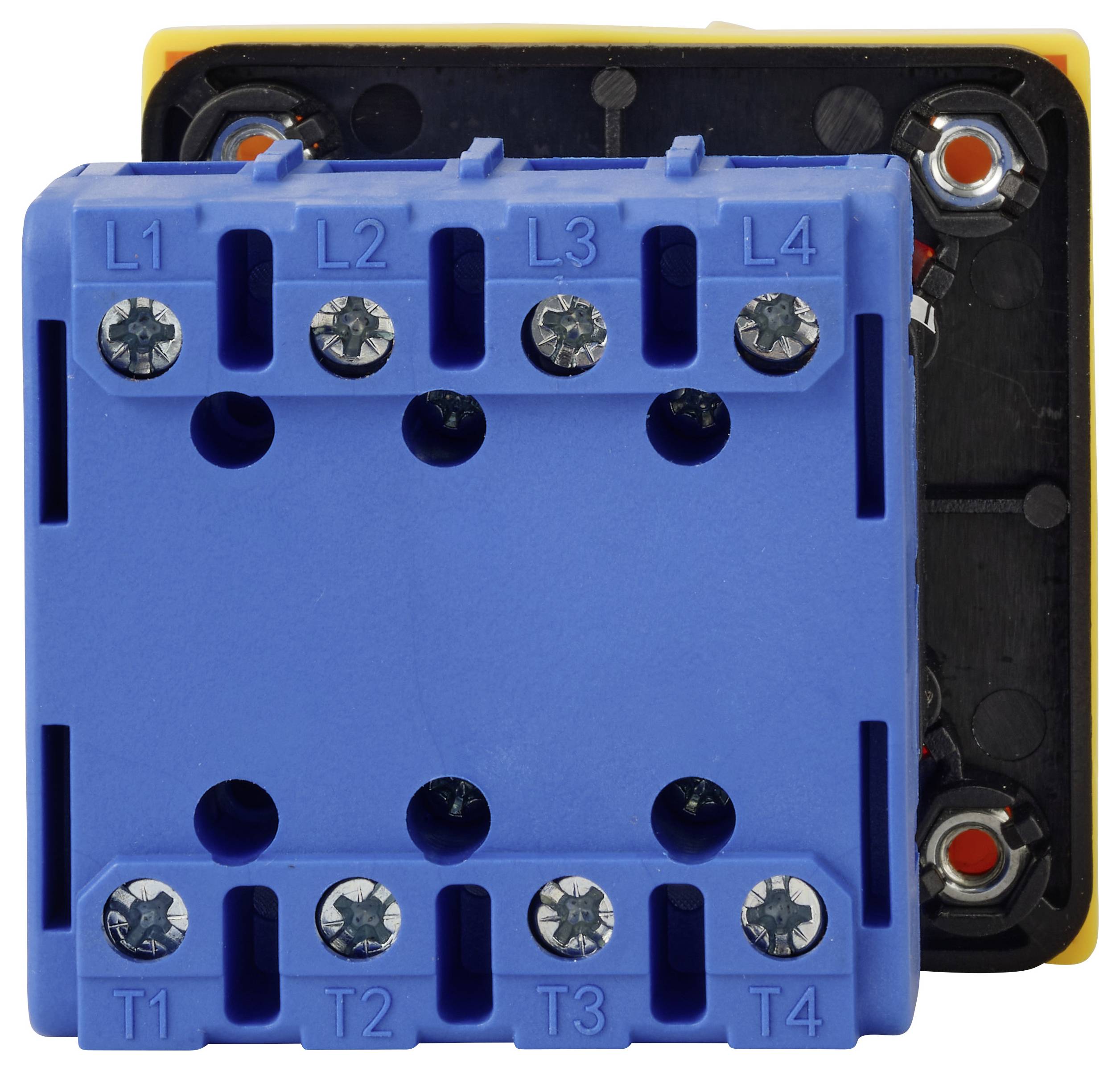 Nahaufnahme einer blauen Elektroklemme mit beschrifteten Schraubklemmen L1 bis L4 und T1 bis T4 auf einer schwarz-gelben Basis.