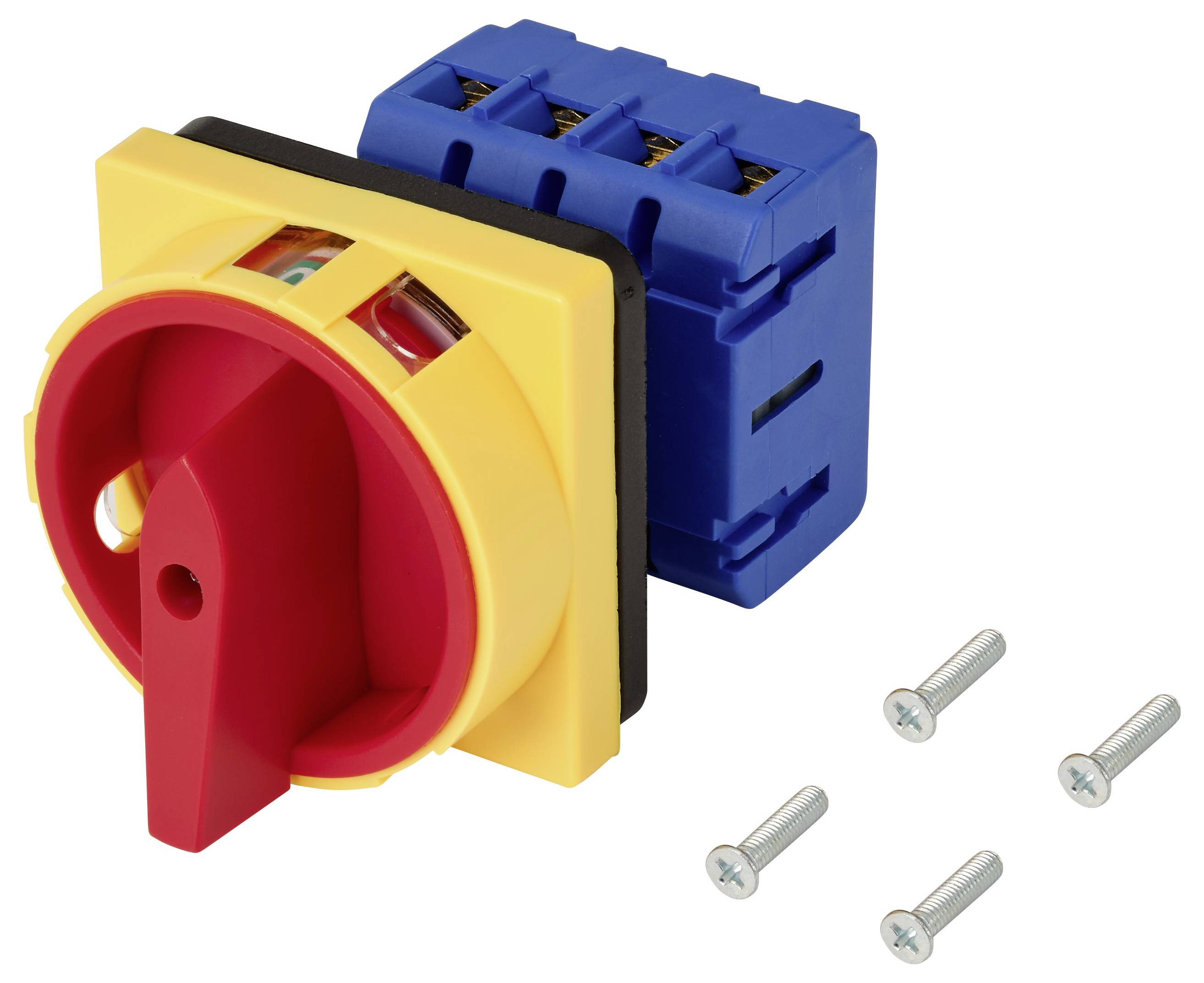 Roter rotierter elektrischer Trennschalter mit gelbem Frontblech und blauem Gehäuse an der Rückseite, dargestellt mit vier Befestigungsschrauben auf weißem Hintergrund.