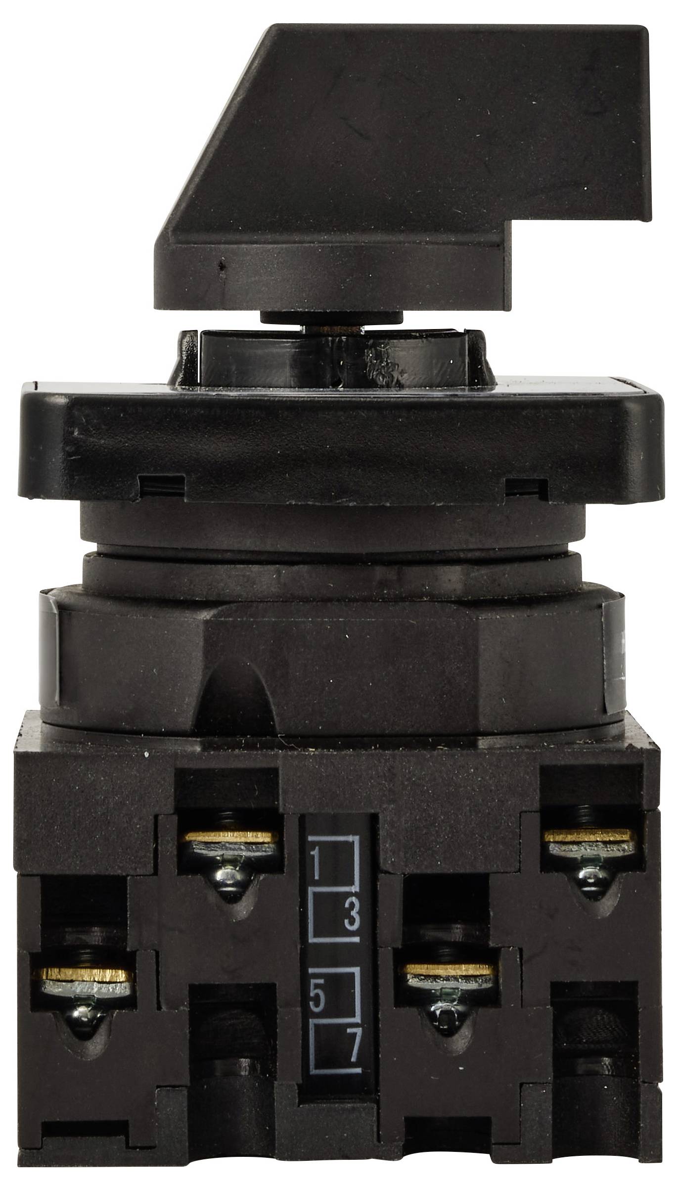 Schwarze industrielle elektrische Schalterkomponente mit einem großen Hebel oben und nummerierten Klemmen auf der Vorderseite, isoliert auf weißem Hintergrund dargestellt.