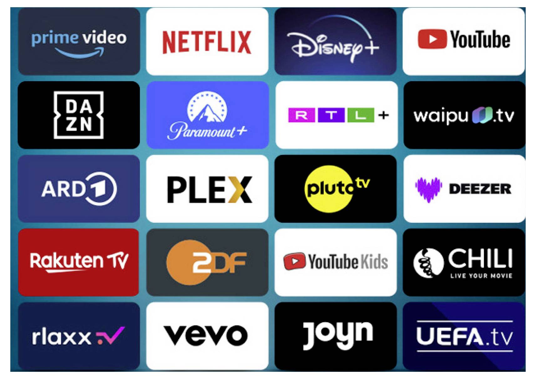 Raster von Streaming- und Media-Service-Logos, darunter Prime Video, Netflix, Disney+, YouTube, DAZN, Paramount+, RTL+, waipu.tv, ARD, Plex, Pluto TV, Deezer, Rakuten TV, ZDF, YouTube Kids, CHILI, rlaxx, Vevo, Joyn und UEFA.tv.