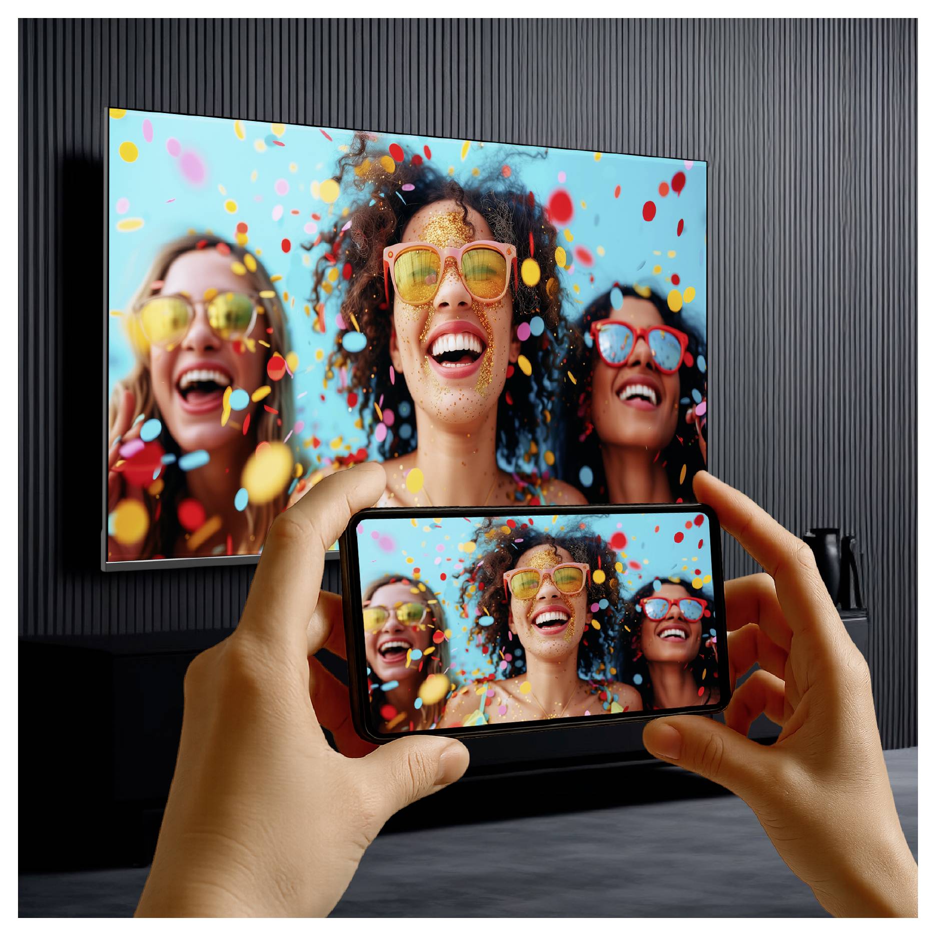 Hände, die ein Smartphone halten, um ein buntes Partybildschirm auf einem großen Fernsehbildschirm zu spiegeln, das drei lachende Frauen mit Konfetti und Sonnenbrillen zeigt.