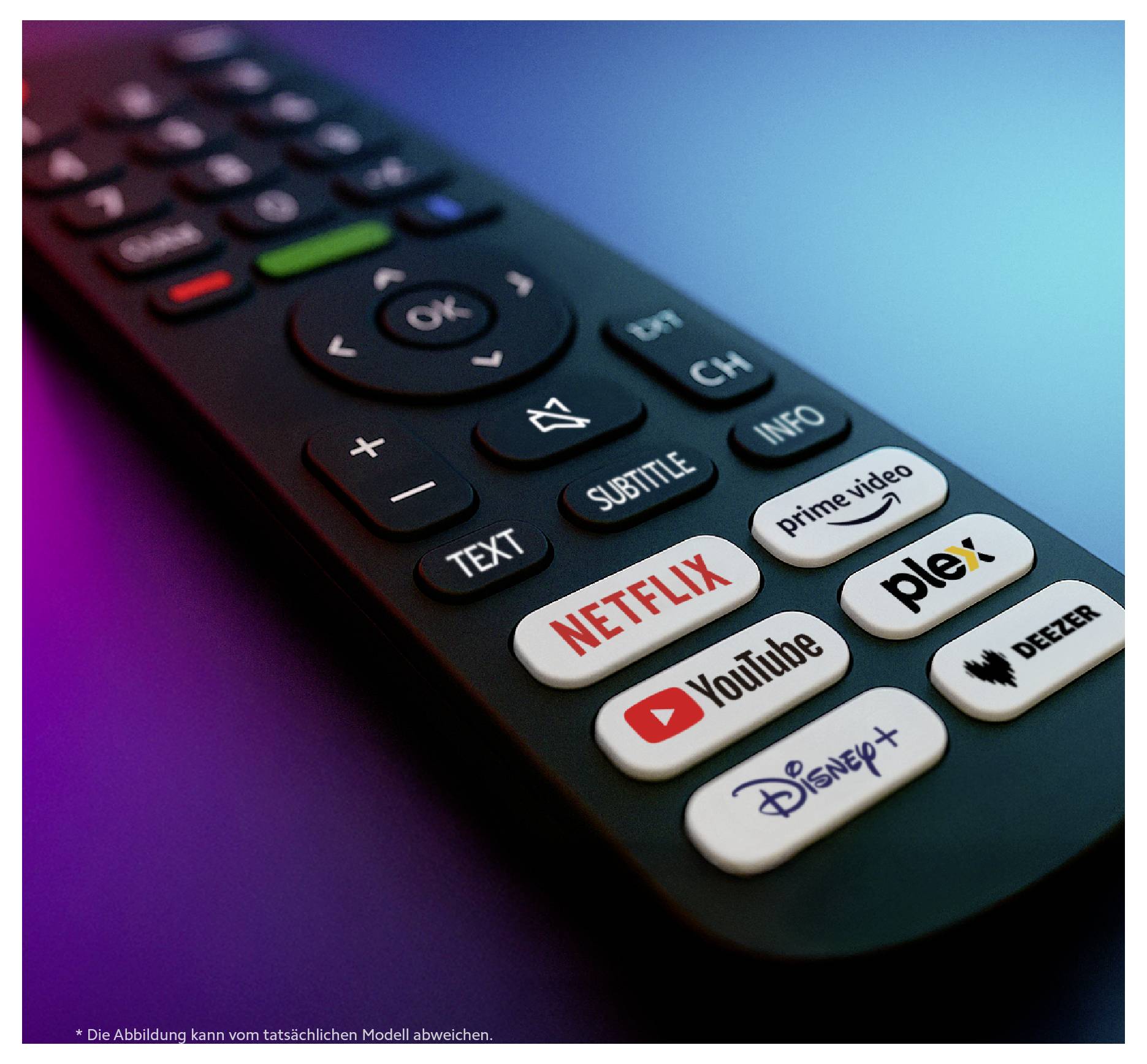 Nahaufnahme einer TV-Fernbedienung mit dedizierten Streaming-Schaltflächen für Netflix, Prime Video, Plex, YouTube, Disney+ und Deezer.