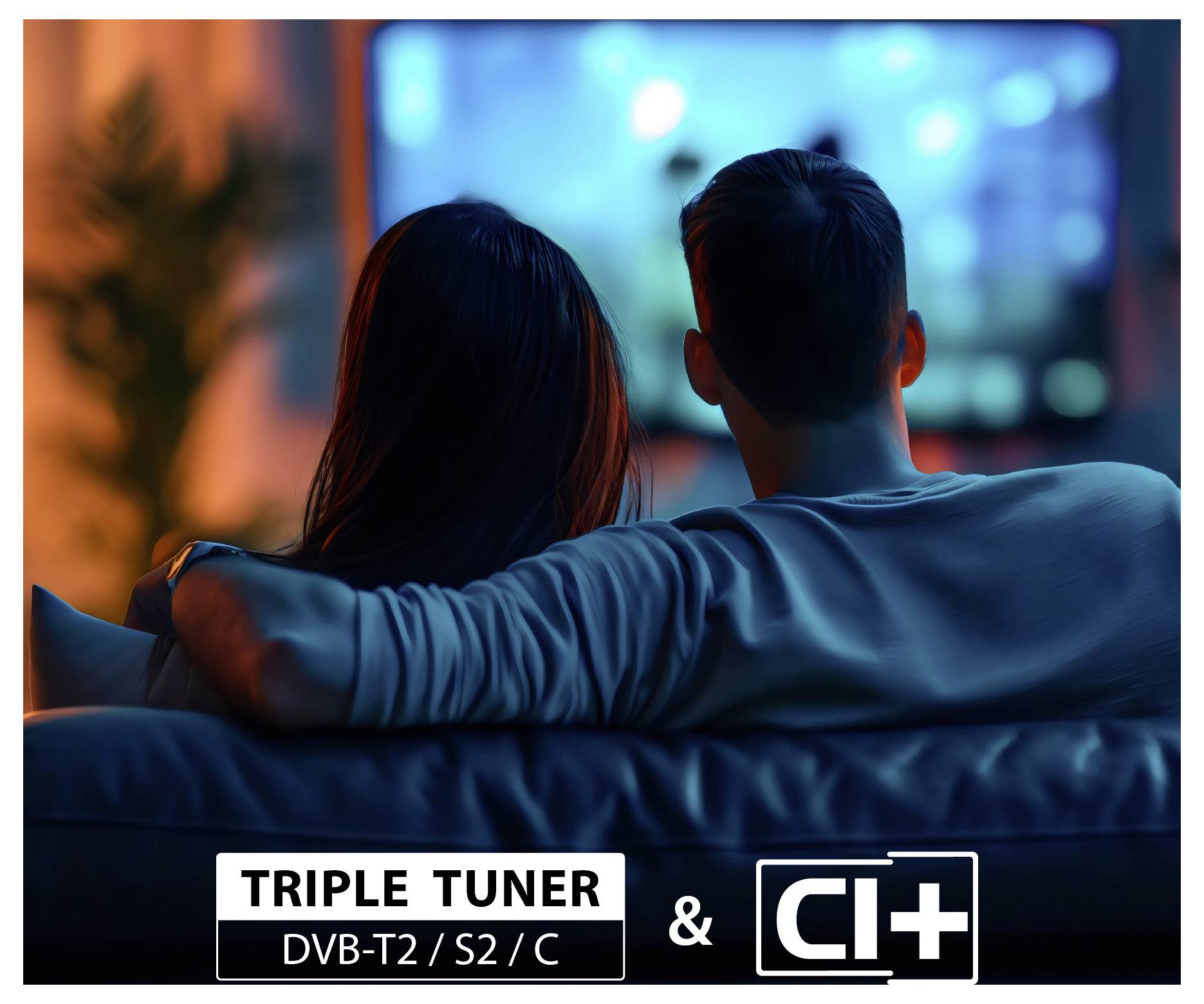 Paar sitzt auf einer Couch und schaut Fernsehen, mit „TRIPLE TUNER DVB-T2 / S2 / C