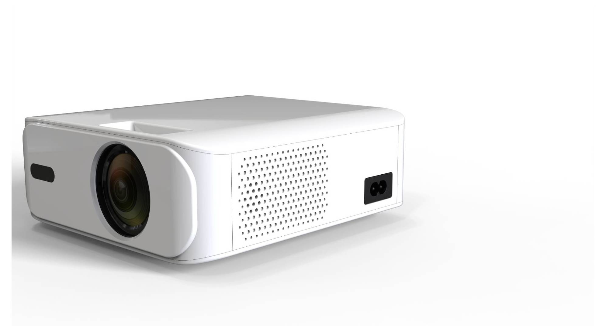 Weißer Multimediaprojector mit großer vorderer Linse und seitlichem Belüftungsschlitz auf einfachem weißem Hintergrund.