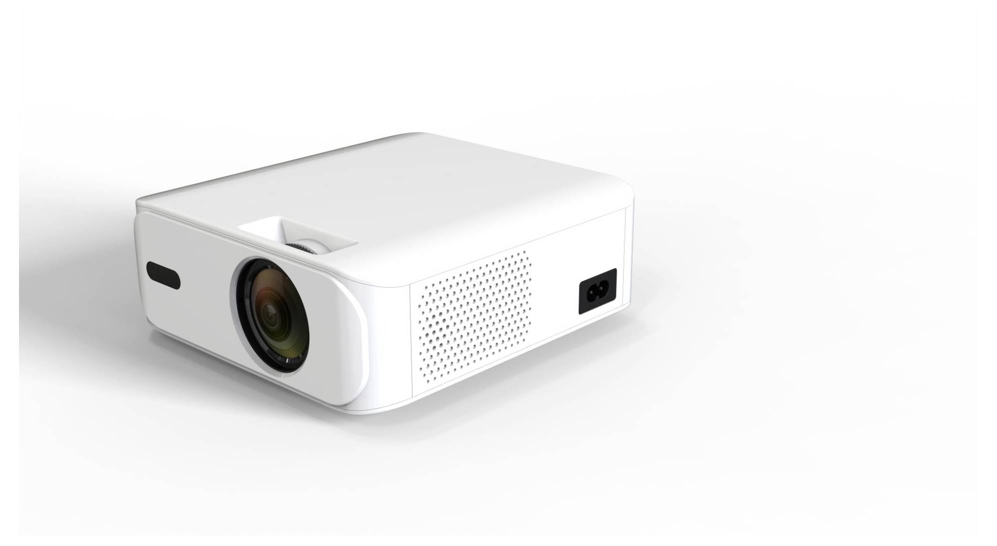Weißer Multimediaprojector in Dreiviertelansicht auf einfachem hellem Hintergrund.