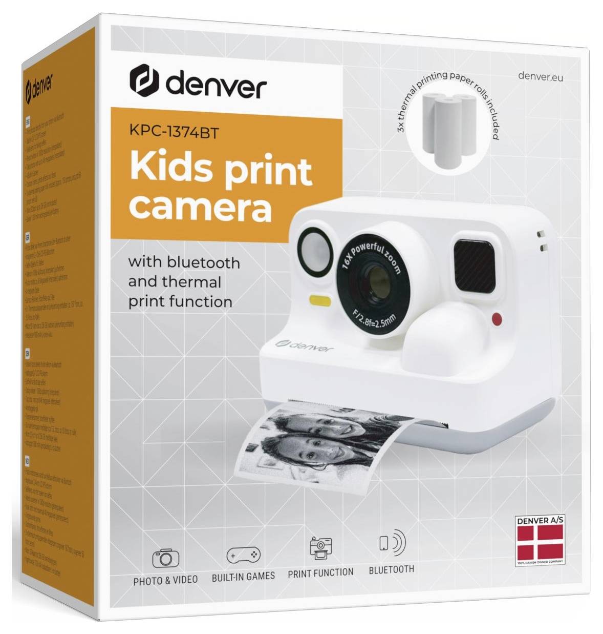 Karton einer Denver KPC-1374BT Kinder-Druckkamera mit Bluetooth und Thermaldruck-Funktion, gezeigt mit Muster eines gedruckten Fotos.