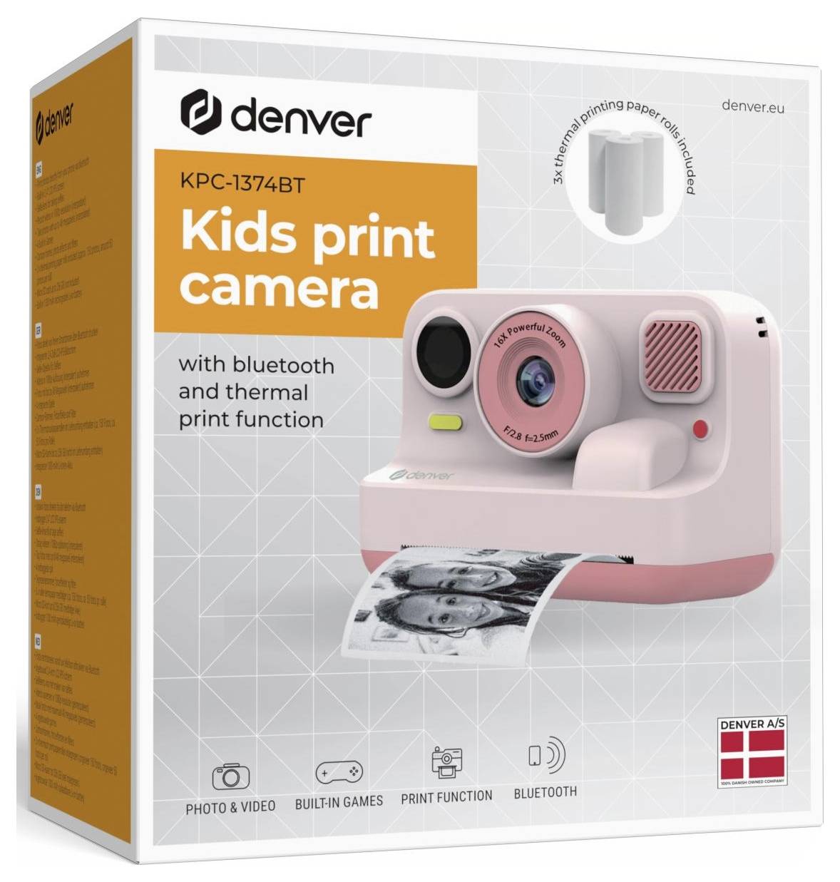 Produktbox für Denver KPC-1374BT Kinder-Druckkamera, rosa Kamera zeigt den Druck eines Fotos, mit Bluetooth- und Thermaldruck-Funktion.