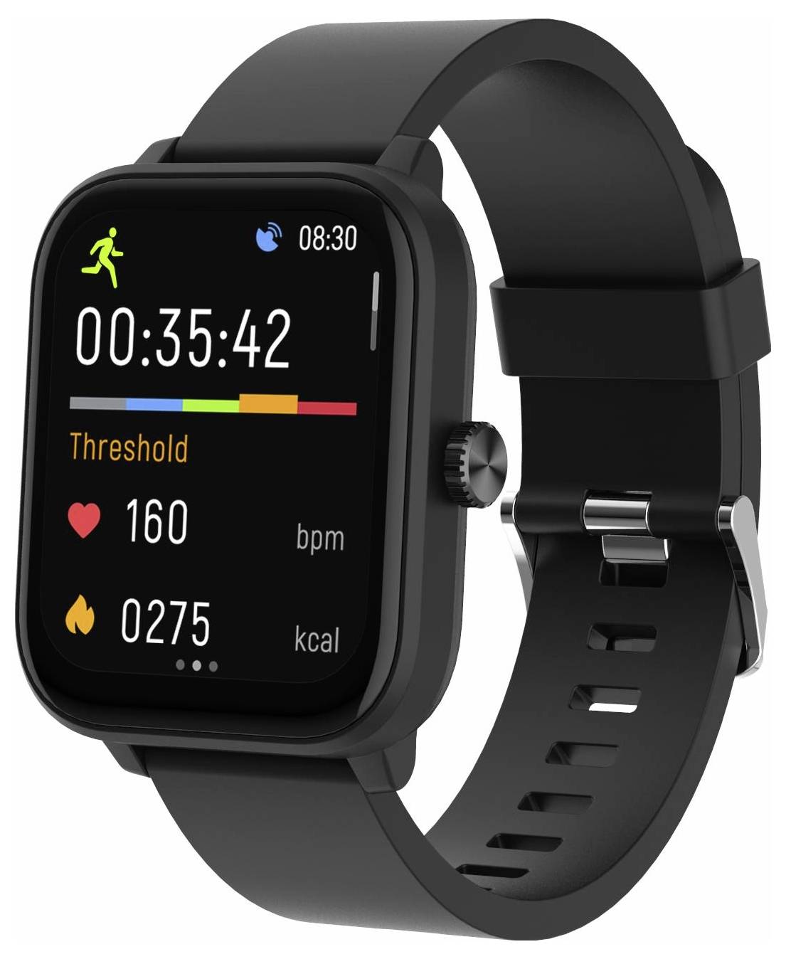 Schwarze Smartwatch mit angezeigten Trainingsstatistiken: 00:35:42, Schwellenintensitätsbalken, Herzfrequenz 160 bpm und 275 kcal verbrannt.