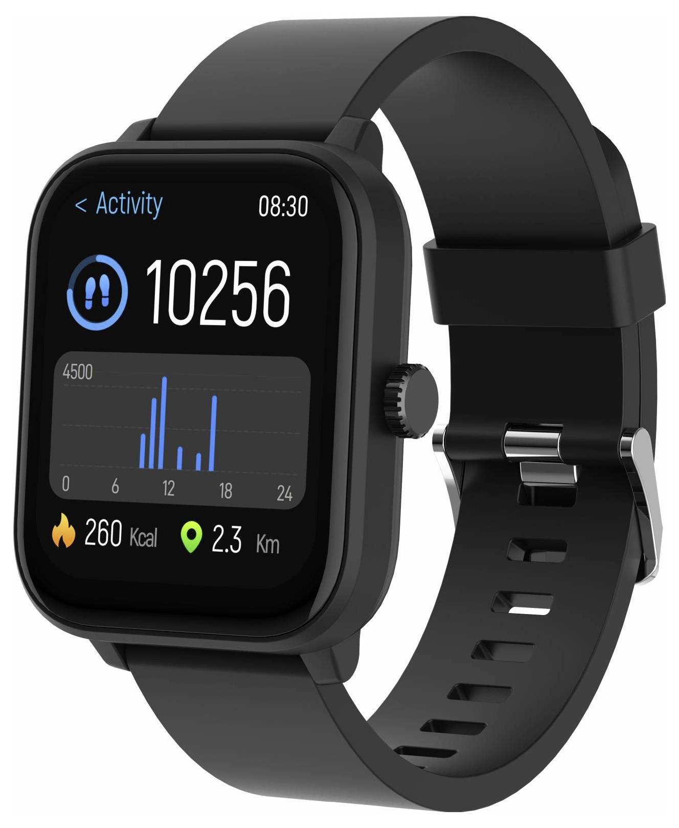 Schwarze Smartwatch zeigt Aktivitätsverfolgung mit 10.256 Schritten, 260 Kcal, 2,3 km und ein kleines Aktivitätsbalkendiagramm um 08:30 Uhr.