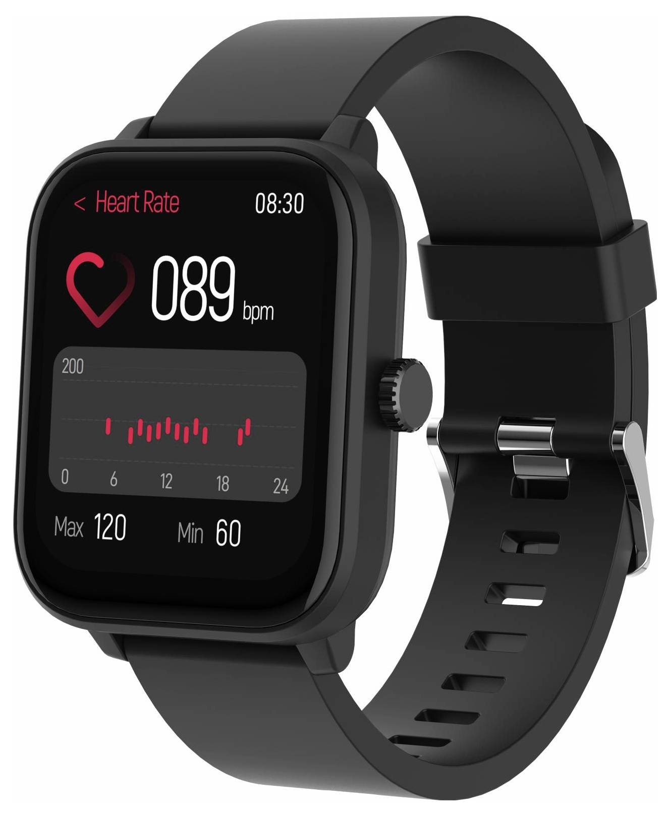 Schwarze Smartwatch mit Herzfrequenzanzeige, die 89 bpm anzeigt, Zeit 08:30, ein Pulsdiagramm und maximale Messwerte von 120/min und 60.