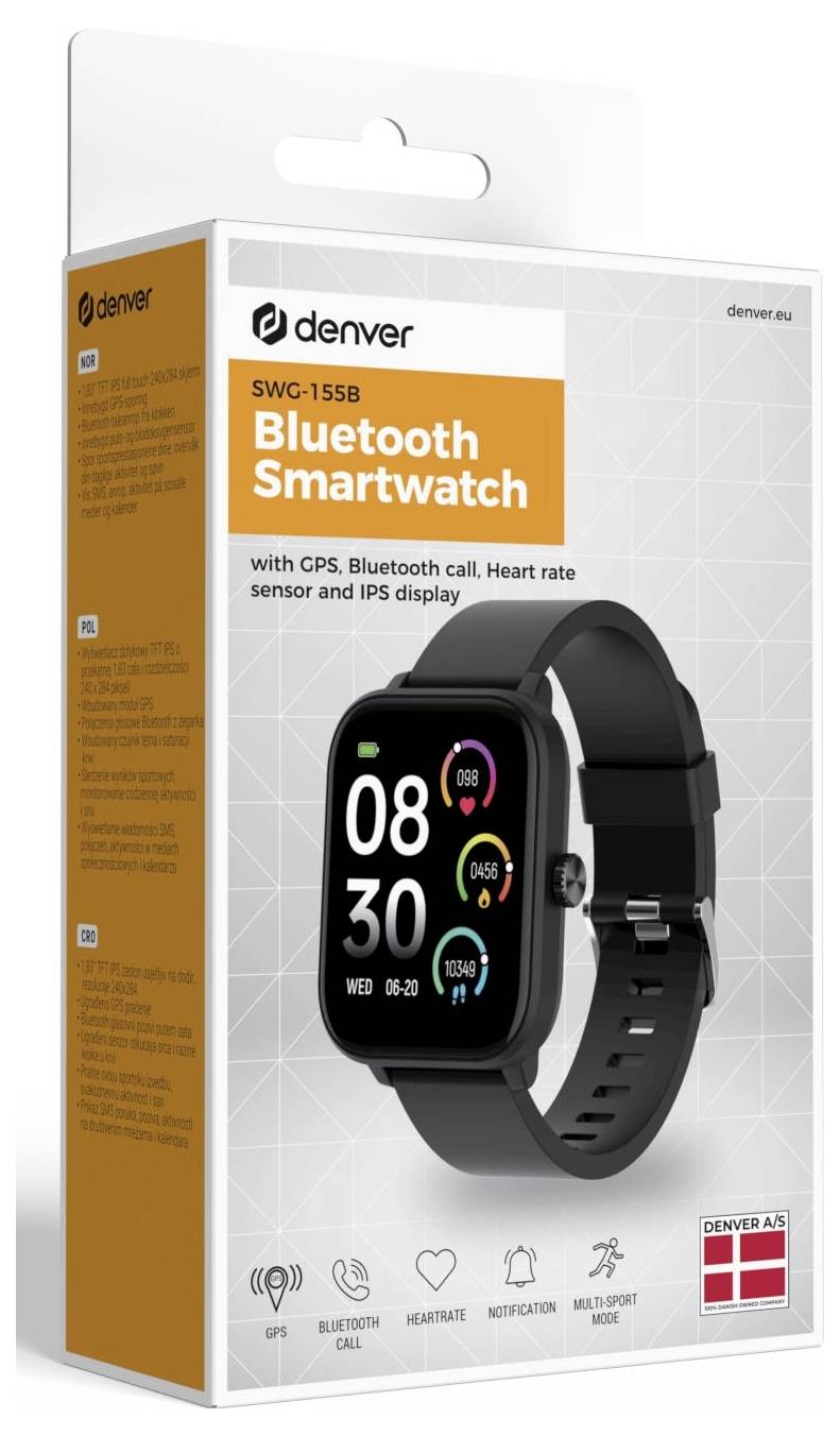 Denver SWC-155B Bluetooth Smartwatch Box mit einer schwarzen quadratischen Smartwatch mit Anrufe-, Pulssensor-, IPS-Display- und GPS-Symbolen.