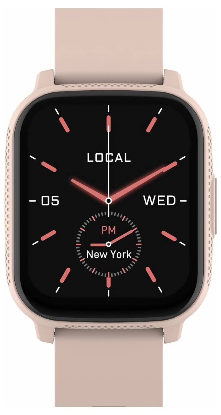 Roségold-Smartwatch mit schwarzem Zifferblatt in Analogausführung, die in einer Doppelzeitanzeige 