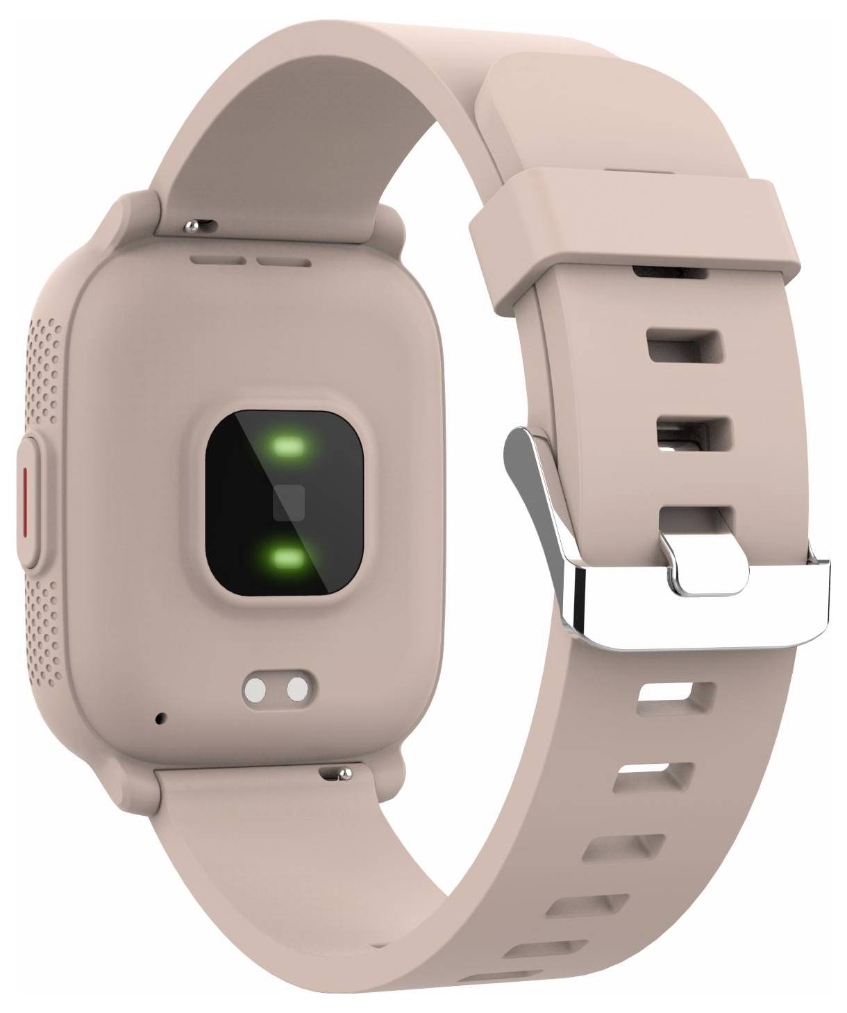 Rosa Smartwatch mit rechteckigem Gehäuse, schwarzem Sensorfenster mit grünen Leuchten und passendem Silikonarmband mit silberner Schnalle, auf weißem Hintergrund dargestellt.