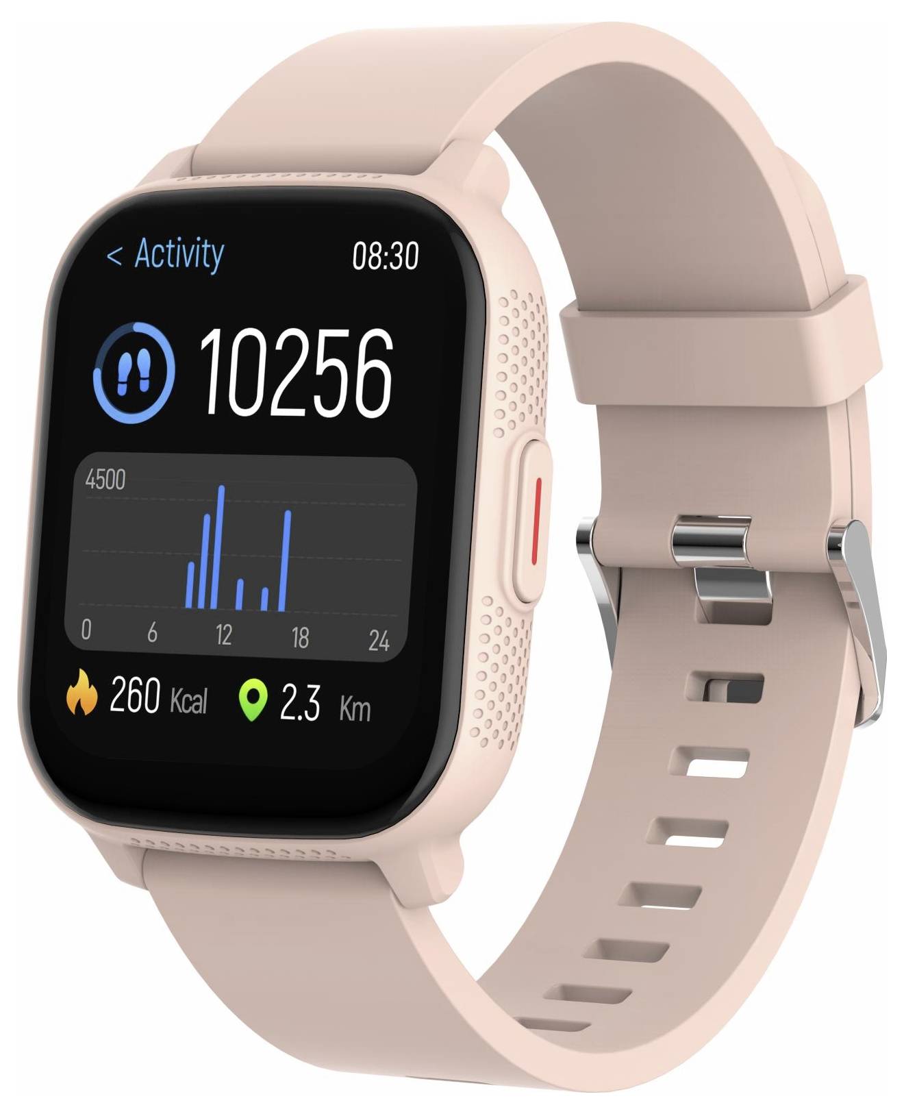 Rosa Smartwatch mit Aktivitätsstatistiken: 10.256 Schritte, 260 kcal, 2,3 km und ein kleines Balkendiagramm auf dem Display.