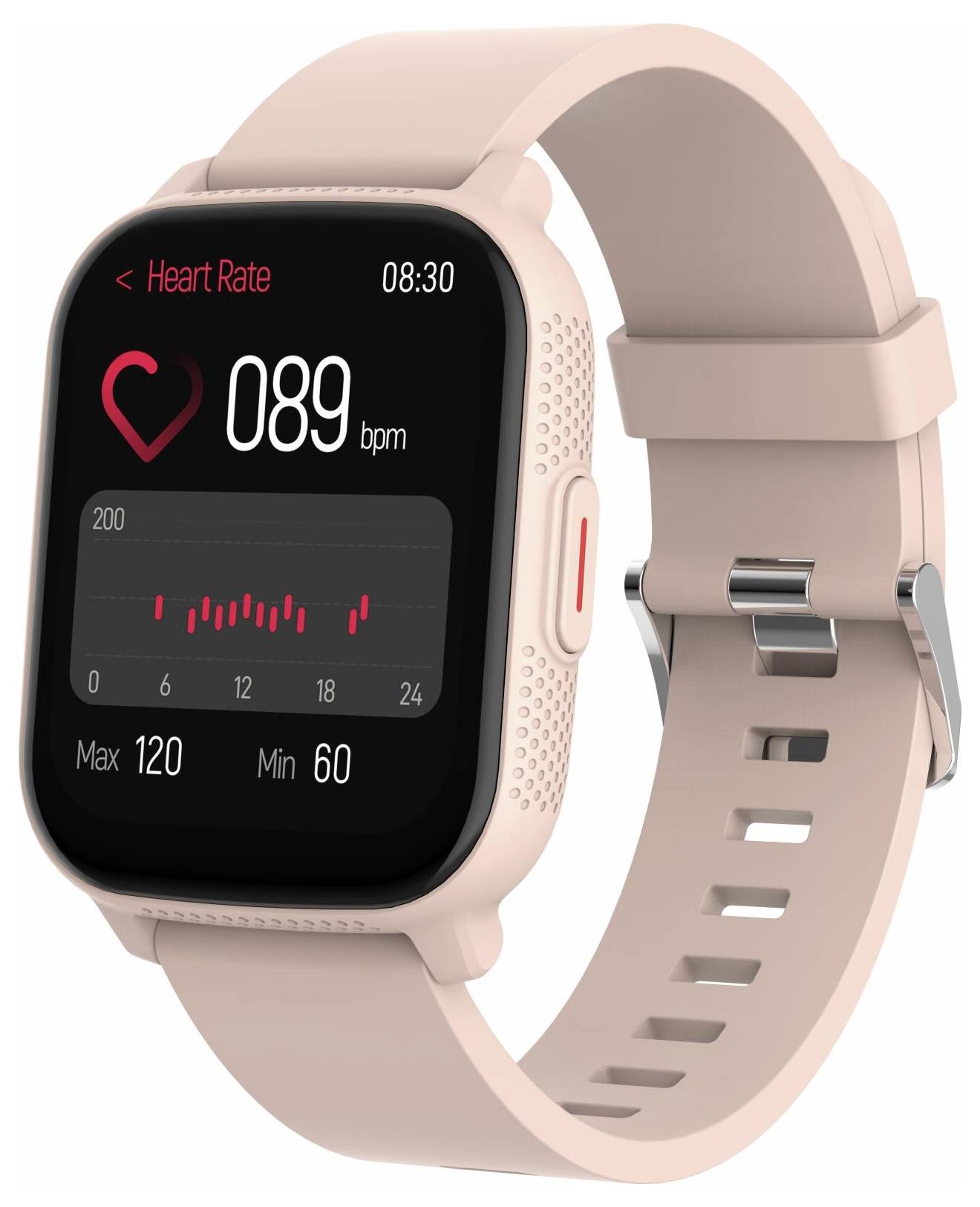 Rosa Smartwatch mit Herzfrequenzanzeige von 89 Schlägen pro Minute mit einem Herzsymbol, kleinem Diagramm und Maximal-/Minimalwerten von 120 und 60.