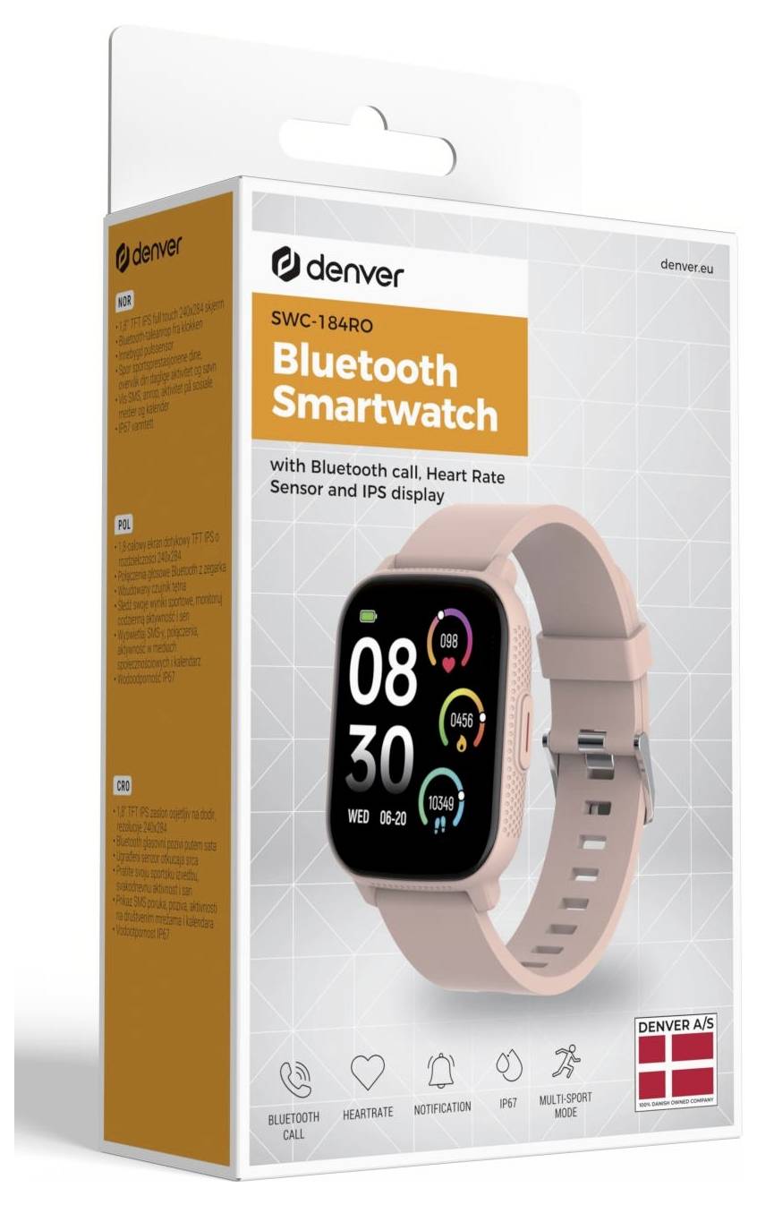 Verpackung für eine Denver SWC-184RO Bluetooth-Smartwatch in Pink, die die Uhr und Funktionen zeigt: Bluetooth-Anruf, Herzfrequenzsensor, IPS-Display.