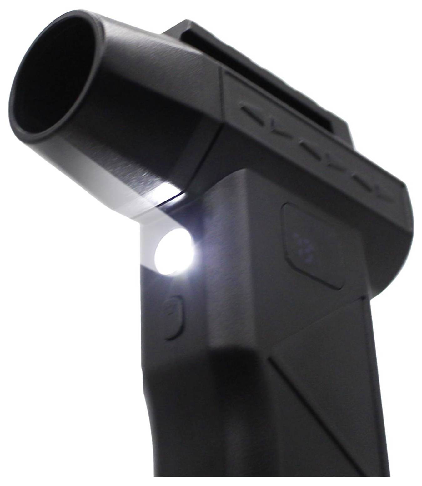 Schwarzes tragbares Gerät mit großer kreisförmiger Düse und heller LED-Leuchte an der Vorderseite, abgebildet vor weißem Hintergrund.