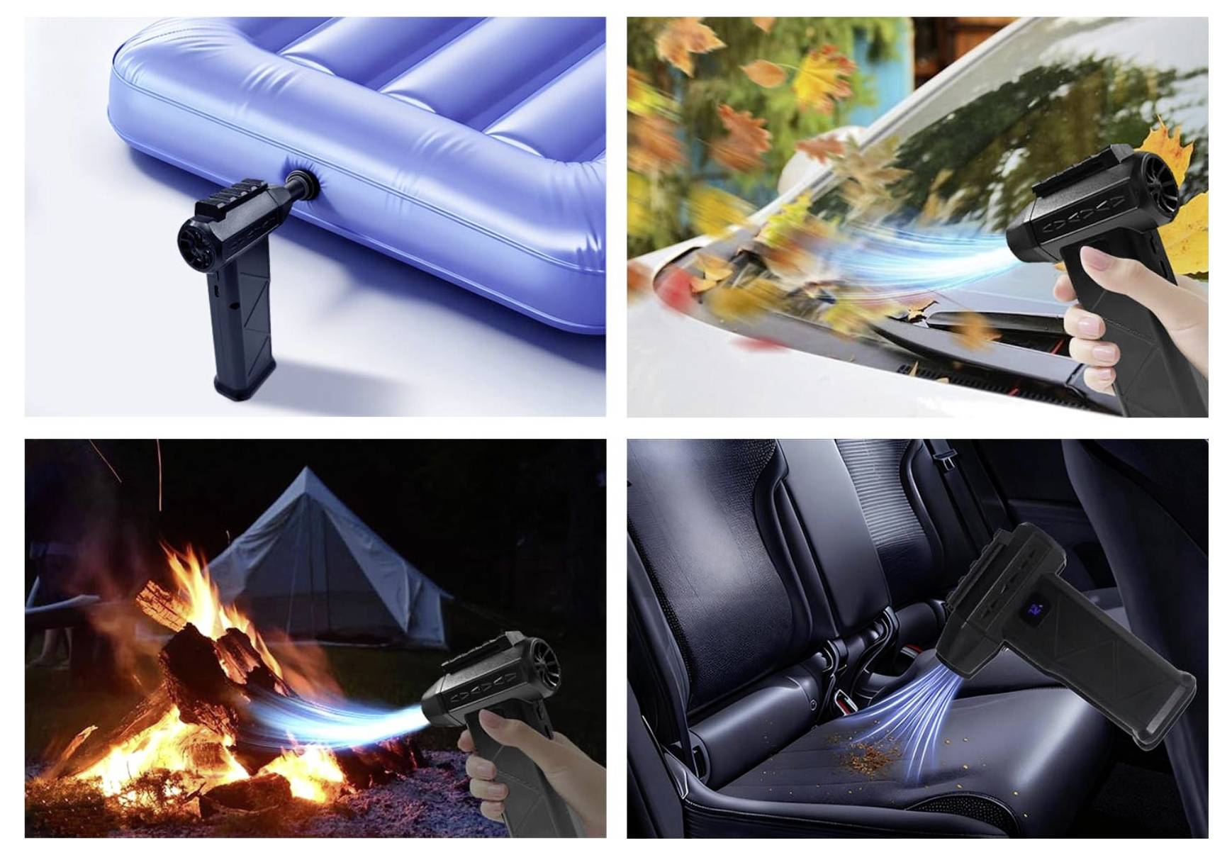 Collage mit einer tragbaren Lötlampe, die zum Aufblasen einer Luftmatratze, zum Entfernen von Blättern von einer Windschutzscheibe, zum Anzünden eines Lagerfeuers und zum Reinigen von Autopolstern verwendet wird.