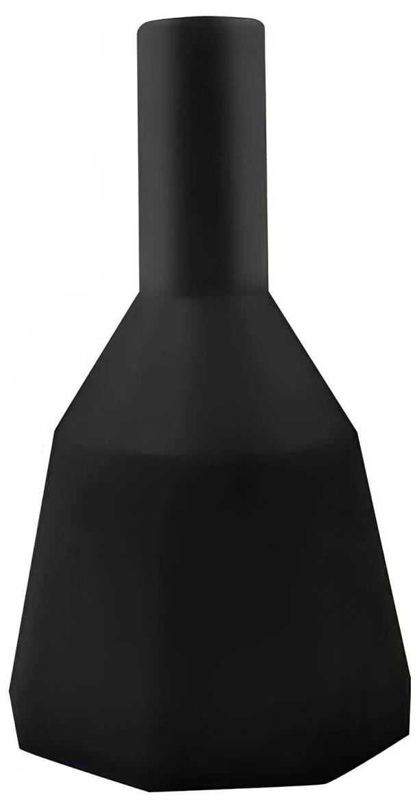 Schwarzes geometrisches Pendelleuchte mit konischem zylindrischem Kopfteil und facettiertem Schirm.